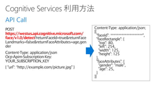 API Call
https://westus.api.cognitive.microsoft.com/
face/v1.0/detect?returnFaceId=true&returnFace
Landmarks=false&returnFaceAttributes=age,gen
der
YOUR_SUBSCRIPTION_KEY
 