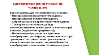 Преобразуване (конвертиране) на
типове в Java
В Java съществува два типа преобразуване на типове:
▸Преобразуване на примитивни типове данни;
▸Преобразуване на обектни типове данни;
▸1. Преобразуване на примитивни типове данни.
▸Това преобразуване може да бъде
неявно(автоматично се извършва от компилатора)
или явно (задава се от програмиста);
▸Неявното преобразуване се нарича още
преобразуване с разширение, защото компилаторът
„разширява“ по-тесния тип на присвояваната
променлива към по-широк тип данни.Неявното
преобразуване е показано на следната диаграма:
 