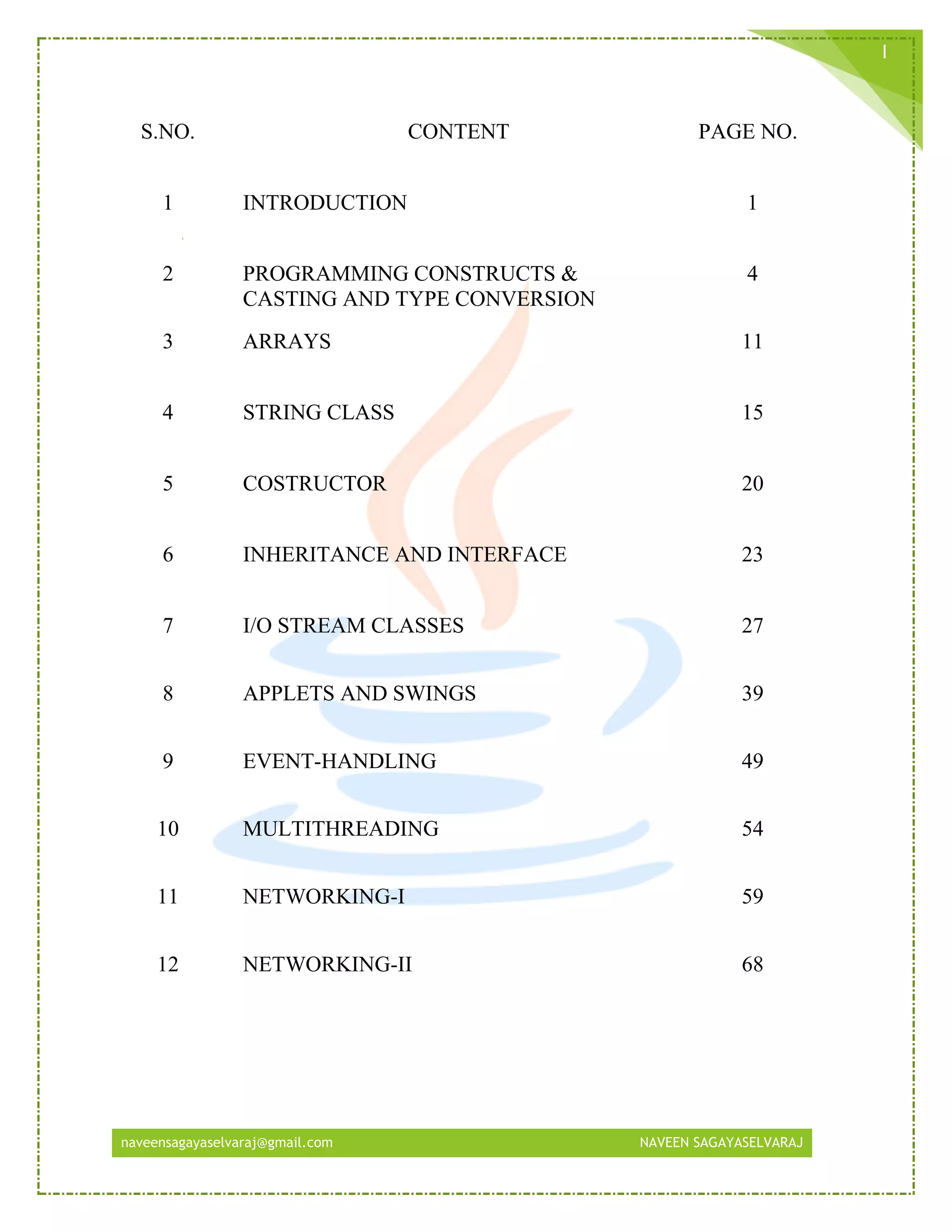 naveensagayaselvaraj@gmail.com NAVEEN SAGAYASELVARAJ
I
S.NO. CONTENT PAGE NO.
1 INTRODUCTION 1
2 PROGRAMMING CONSTRUCTS &
CASTING AND TYPE CONVERSION
4
3 ARRAYS 11
4 STRING CLASS 15
5 COSTRUCTOR 20
6 INHERITANCE AND INTERFACE 23
7 I/O STREAM CLASSES 27
8 APPLETS AND SWINGS 39
9 EVENT-HANDLING 49
10 MULTITHREADING 54
11 NETWORKING-I 59
12 NETWORKING-II 68
 