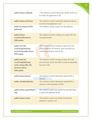 naveensagayaselvaraj@gmail.com NAVEEN SAGAYASELVARAJ
28
public boolean canRead() : This method is used for testing that whether the file can
be read by the application or not.
public boolean canWrite() This method is used for testing that whether the file can
be write by the application or not.
public int compareTo(File
pathname)
This method is used to compare two file pathname.
public boolean
createNewFile() throws
IOException
This method is used for creating a new empty file with
the specified name.
public static File
createTempFile(String
prefix,String suffix) throws
IOException
This method is used for creating an empty file in the
default temporary file directory. prefix and suffix are
used for specifying the name of file.
public static File
createTempFile(String
prefix, String suffix, File
directory) throws
IOException
This method is used for creating an empty file in the
given directory. prefix and suffix are used for specifying
the name of file.
public boolean delete() This method is used for deleting the specified file or
directory.
public void deleteOnExit() This method is used for deleting the specified file or
directory on the termination of JVM.
public boolean equals(Object
obj)
This method is used to test whether the specified Object
is equal to the pathname or not.
public boolean exists() This method is used to test whether the specified
pathname is existed or not.
 