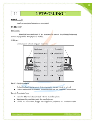 naveensagayaselvaraj@gmail.com NAVEEN SAGAYASELVARAJ
59
11 NETWORKING-I
OBJECTIVE:
Java Programming on basic networking protocols
OVERVIEW:
Introduction:
One of the important features of java are networking support. Java provides fundamental
networking capabilities through java.net package.
OSI layers:
Communication between computers in network
Layer 7: Application Layer
 Defines interface to user processes for communication and data transfer in network
 Provides standardized services such as virtual terminal, file and job transfer and operations
Layer 6: Presentation Layer
 Masks the differences of data formats between dissimilar systems
 Specifies architecture-independent data transfer format
 Encodes and decodes data; encrypts and decrypts data; compresses and decompresses data
 