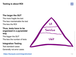 14https://leanpub.com/integrationtest
Testing is about ROI
The larger the SUT
The more fragile the test
The less maintainable the test
The less the ROI
Thus, tests have to be
organized in a pyramidal
way
The bigger the SUT
The less the number of tests
Integration Testing
Test standard cases
Generally not error cases
http://martinfowler.com/bliki/TestPyramid.html
 