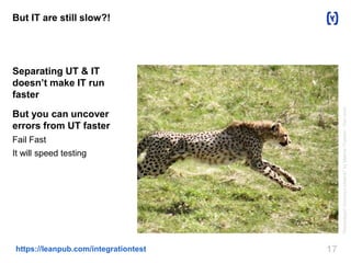 17https://leanpub.com/integrationtest
But IT are still slow?!
Separating UT & IT
doesn’t make IT run
faster
But you can uncover
errors from UT faster
Fail Fast
It will speed testing
"Gepardjagt2(Acinonyxjubatus)"byMaleneThyssen-Ownwork.
 