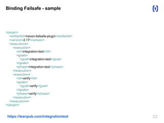 22https://leanpub.com/integrationtest
Binding Failsafe - sample
<plugin>
<artifactId>maven-failsafe-plugin</artifactId>
<version>2.17</version>
<executions>
<execution>
<id>integration-test</id>
<goals>
<goal>integration-test</goal>
</goals>
<phase>integration-test</phase>
</execution>
<execution>
<id>verify</id>
<goals>
<goal>verify</goal>
</goals>
<phase>verify</phase>
</execution>
</executions>
</plugin>
 
