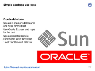 27https://leanpub.com/integrationtest
Simple database use-case
Oracle database
Use an in-memory datasource
and hope for the best
Use Oracle Express and hope
for the best
Use a dedicated remote
schema for each developer
 And your DBAs will hate you
 