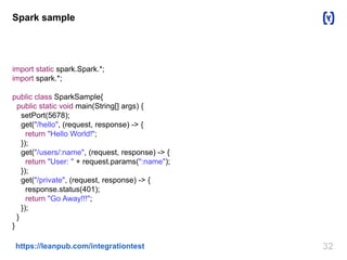 32https://leanpub.com/integrationtest
Spark sample
import static spark.Spark.*;
import spark.*;
public class SparkSample{
public static void main(String[] args) {
setPort(5678);
get("/hello", (request, response) -> {
return "Hello World!";
});
get("/users/:name", (request, response) -> {
return "User: " + request.params(":name");
});
get("/private", (request, response) -> {
response.status(401);
return "Go Away!!!";
});
}
}
 