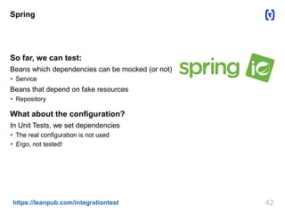 42https://leanpub.com/integrationtest
Spring
So far, we can test:
Beans which dependencies can be mocked (or not)
 Service
Beans that depend on fake resources
 Repository
What about the configuration?
In Unit Tests, we set dependencies
 The real configuration is not used
 Ergo, not tested!
 