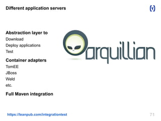 71https://leanpub.com/integrationtest
Different application servers
Abstraction layer to
Download
Deploy applications
Test
Container adapters
TomEE
JBoss
Weld
etc.
Full Maven integration
 