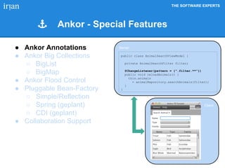THE SOFTWARE EXPERTS
Client
Server● Ankor Annotations
● Ankor Big Collections
○ BigList
○ BigMap
● Ankor Flood Control
● Pluggable Bean-Factory
○ Simple/Reflection
○ Spring (geplant)
○ CDI (geplant)
● Collaboration Support
public class AnimalSearchViewModel {
private AnimalSearchFilter filter;
@ChangeListener(pattern = {".filter.**"})
public void reloadAnimals() {
this.animals
= animalRepository.searchAnimals(filter);
}
}
Ankor - Special Features
 