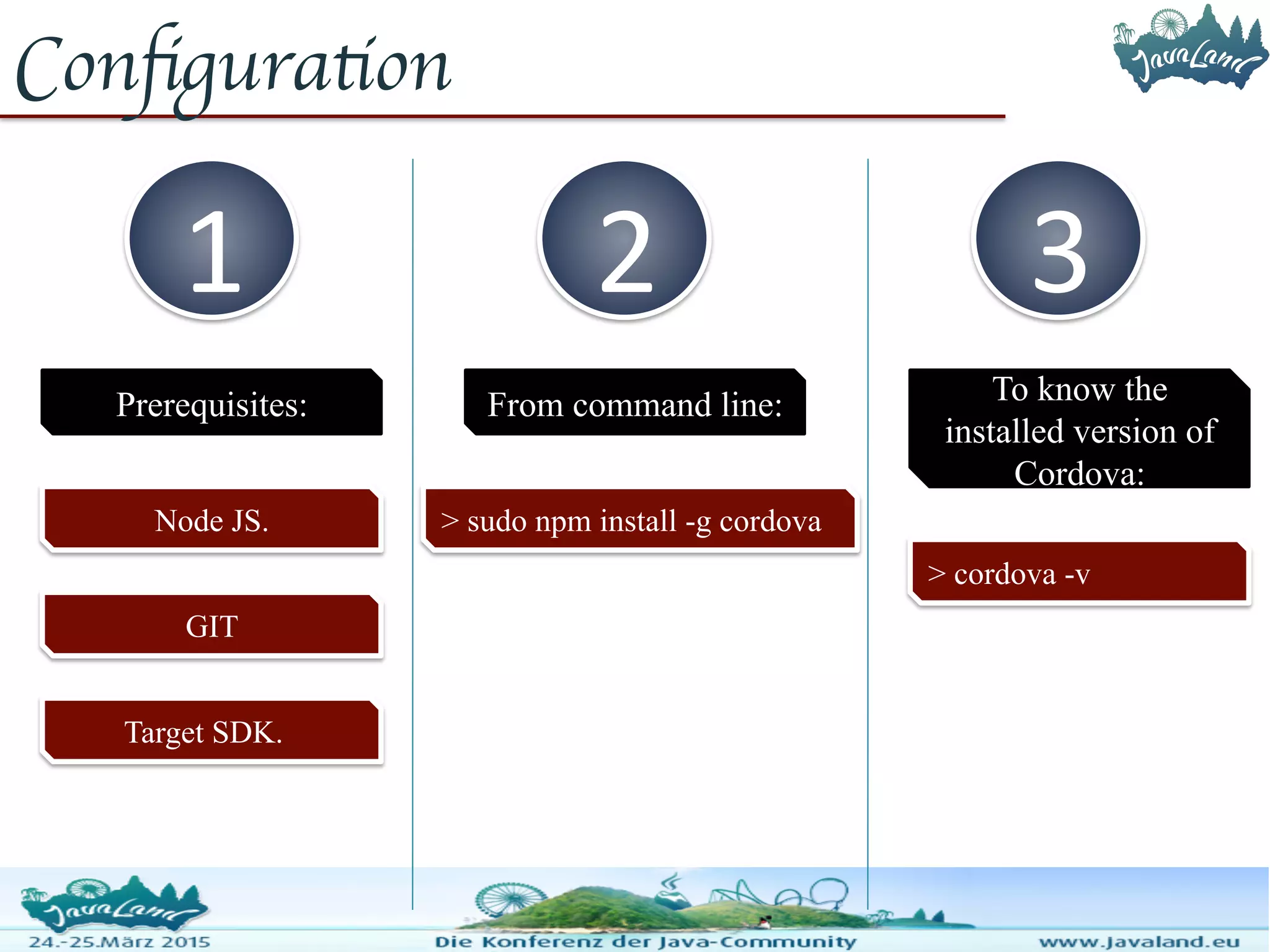 Configuration 1 2 3 Prerequisites: Node JS. Target SDK. From command line: > sudo npm install -g cordova To know the installed version of Cordova: > cordova -v GIT 
