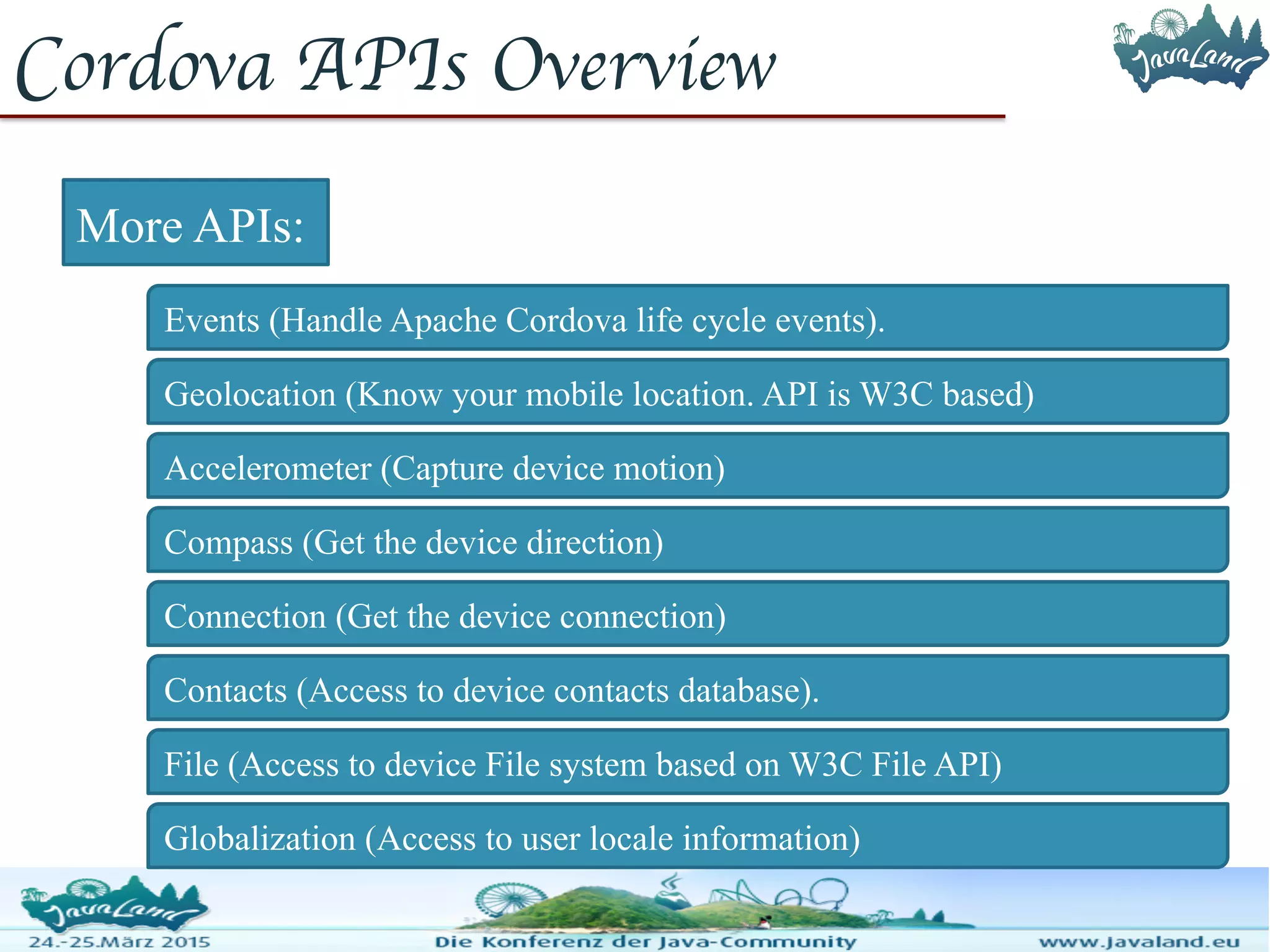 Cordova APIs Overview Accelerometer (Capture device motion) Compass (Get the device direction) Connection (Get the device connection) Contacts (Access to device contacts database). File (Access to device File system based on W3C File API) Globalization (Access to user locale information) Events (Handle Apache Cordova life cycle events). Geolocation (Know your mobile location. API is W3C based) More APIs: 