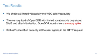 Test Results
 We chose as limited vocabulary the W3C core vocabulary
 The memory load of OpenDDR with limited vocabulary is only about
50MB and after initialization, OpenDDR won't show a memory spike.
 Both APIs identified correctly all the user agents in the HTTP request
#JavaLand #OpenDDR #MVC 27
 