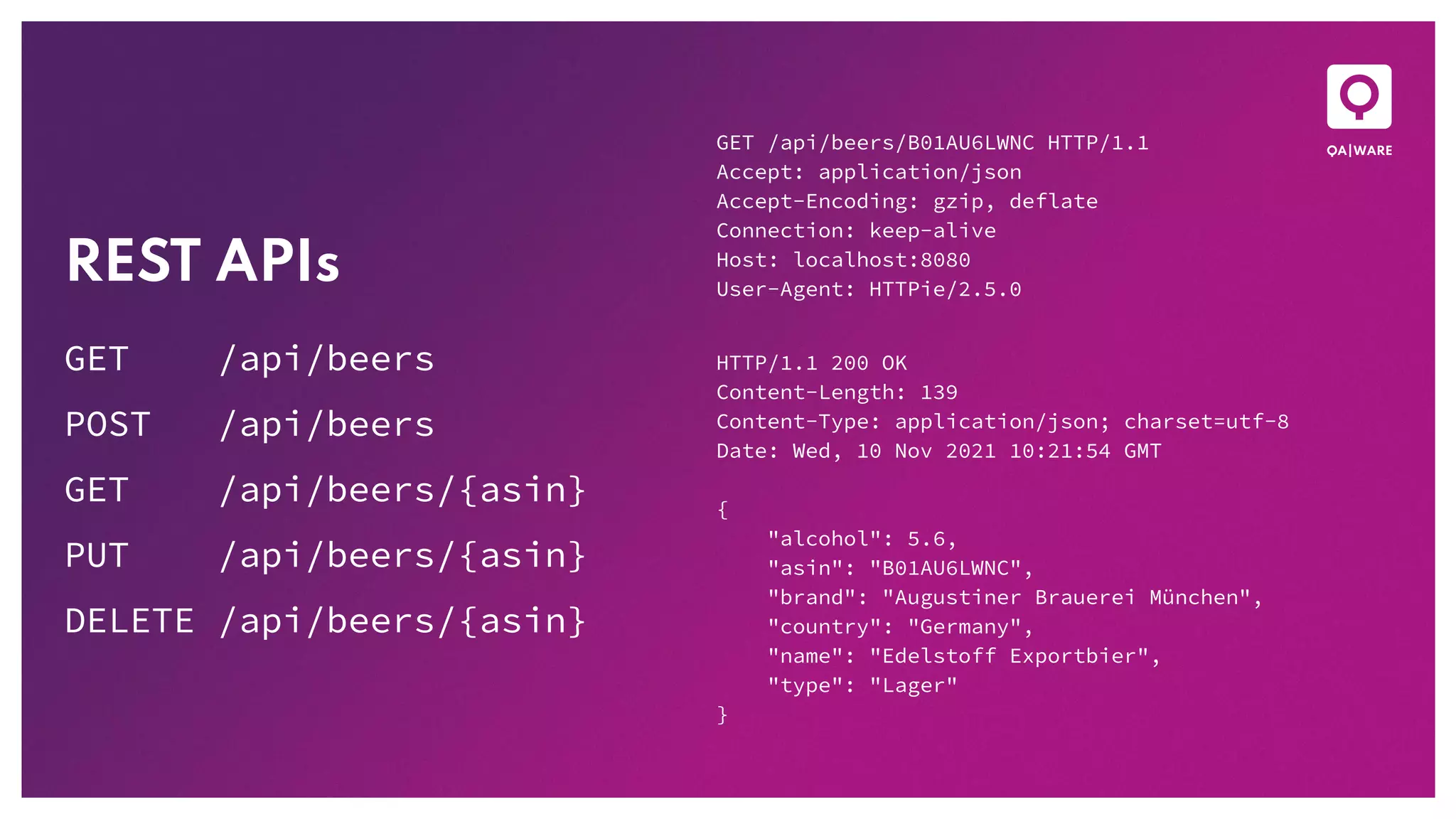 HTTP/1.1 200 OK
Content-Length: 139
Content-Type: application/json; charset=utf-8
Date: Wed, 10 Nov 2021 10:21:54 GMT
{
"alcohol": 5.6,
"asin": "B01AU6LWNC",
"brand": "Augustiner Brauerei München",
"country": "Germany",
"name": "Edelstoff Exportbier",
"type": "Lager"
}
GET /api/beers/B01AU6LWNC HTTP/1.1
Accept: application/json
Accept-Encoding: gzip, deflate
Connection: keep-alive
Host: localhost:8080
User-Agent: HTTPie/2.5.0
REST APIs
GET /api/beers
POST /api/beers
GET /api/beers/{asin}
PUT /api/beers/{asin}
DELETE /api/beers/{asin}
 