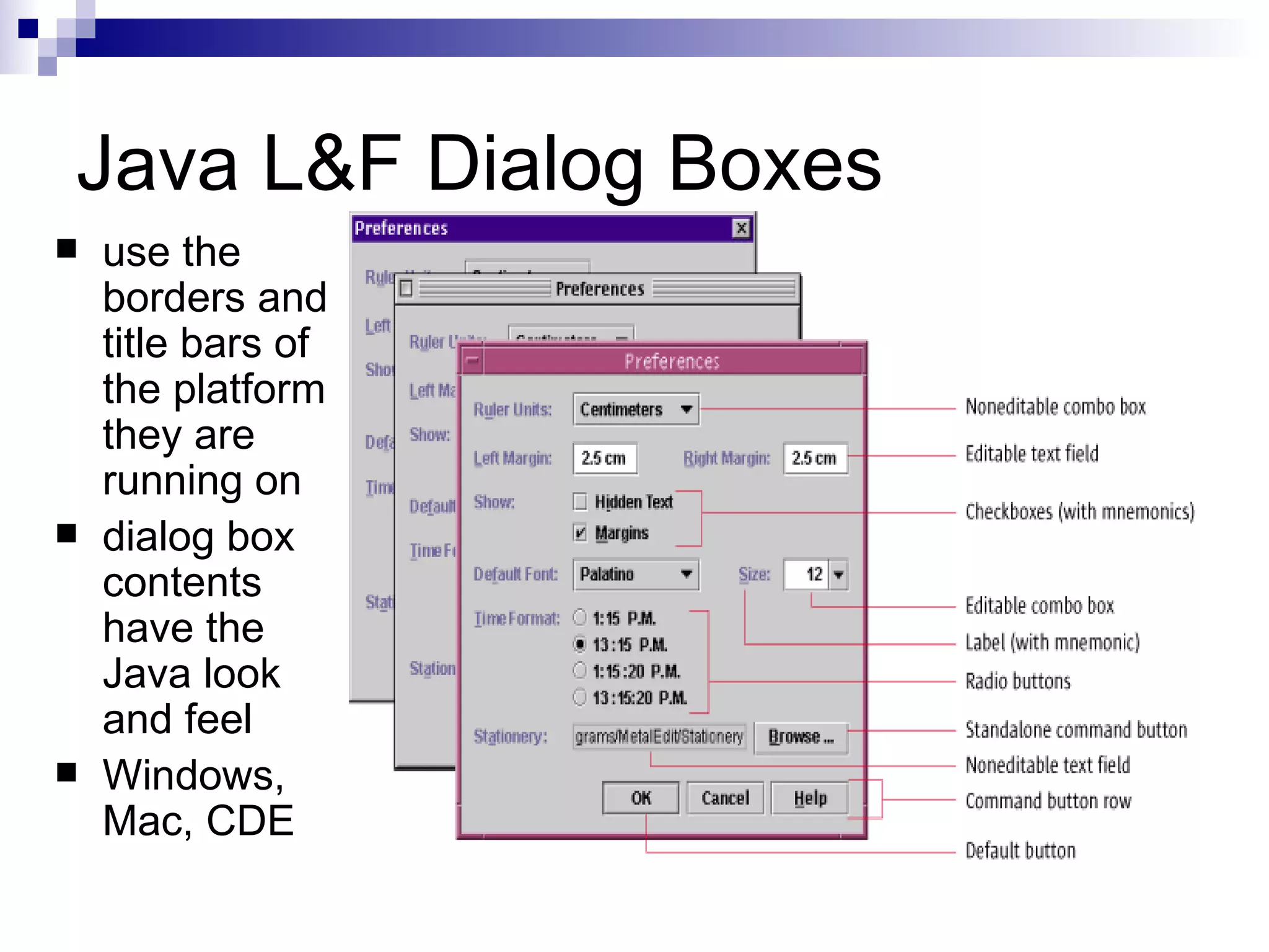 Java L&F Dialog Boxes use the borders and title bars of the platform they are running on  dialog box contents have the Java look and feel  Windows, Mac, CDE 