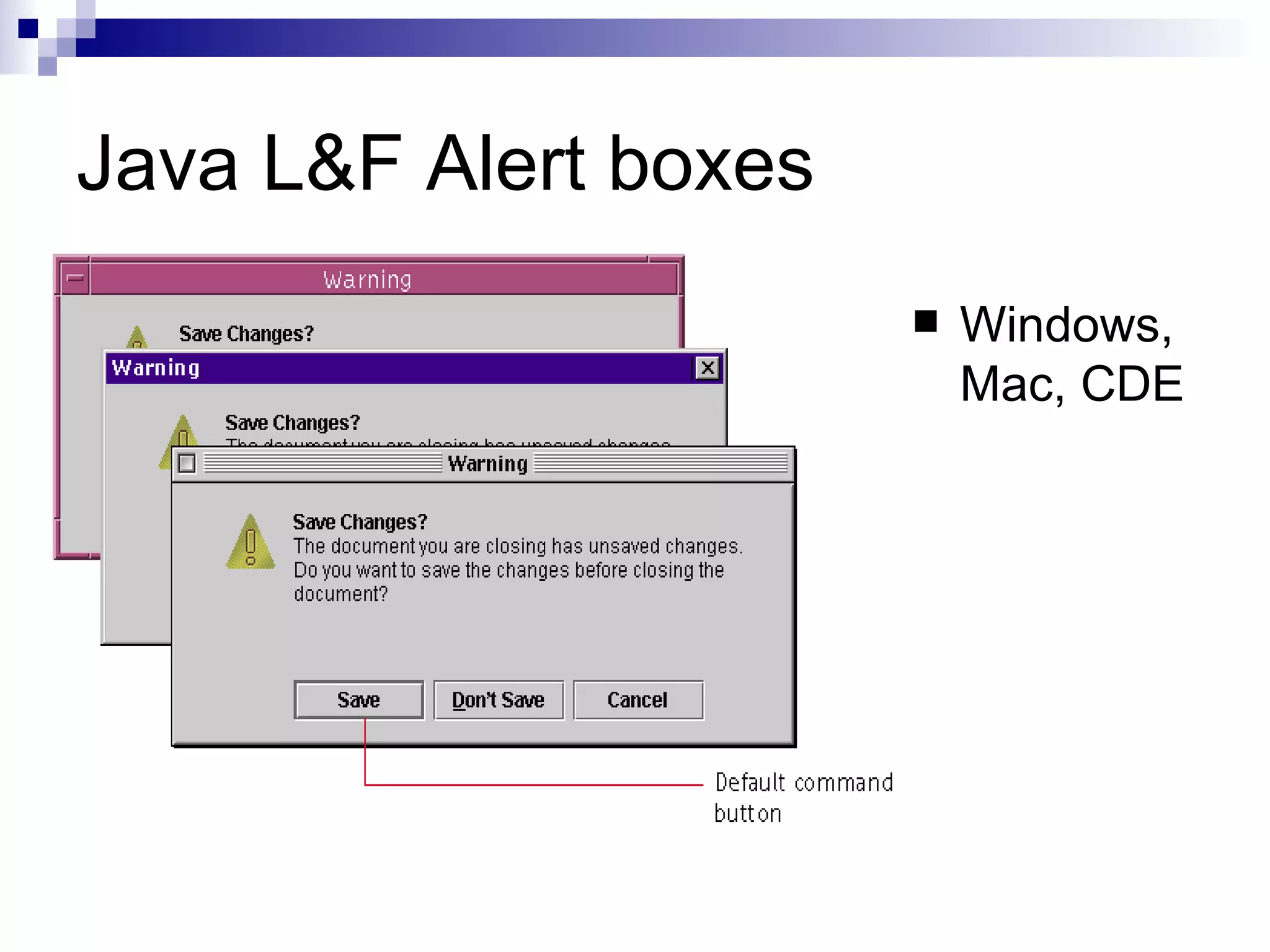 Java L&F Alert boxes Windows, Mac, CDE 