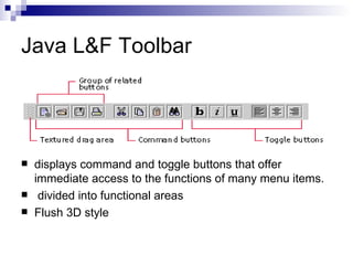 Java L&F Toolbar displays command and toggle buttons that offer immediate access to the functions of many menu items.  divided into functional areas Flush 3D style 