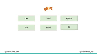 gRPC
@VladimirD_42
C++ Java Python
Go Ruby C#
@JavaLandConf
 