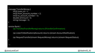 @VladimirD_42
...
message TransferMoney {
int32 trans_id = 1;
int32 from_account_number = 2;
int32 to_account_number = 3;
double ammount = 4;
string message = 5;
}
service Bank {
rpc Transfer(TransferMoney) returns (TransferConfirmation);
rpc ListenToNotifications(Account) returns (stream AccountNotification);
rpc RequestTransfer(stream RequestMoney) returns (stream RequestStatus);
}
...
@JavaLandConf
 