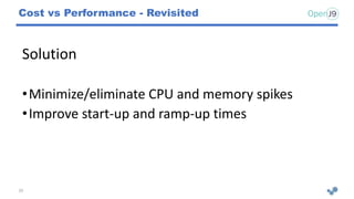 Cost vs Performance - Revisited
20
Solution
•Minimize/eliminate CPU and memory spikes
•Improve start-up and ramp-up times
 