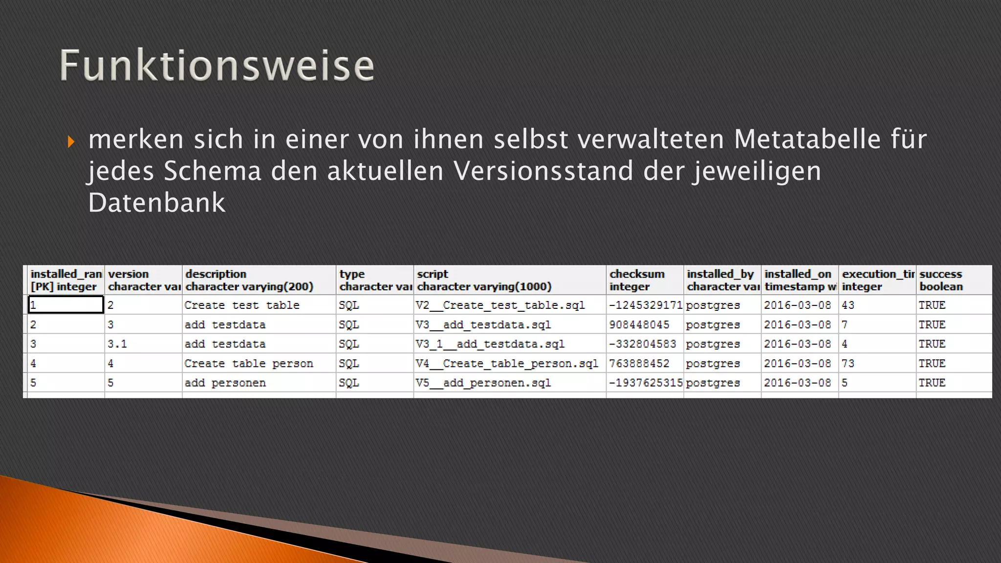  merken sich in einer von ihnen selbst verwalteten Metatabelle für
jedes Schema den aktuellen Versionsstand der jeweiligen
Datenbank
 