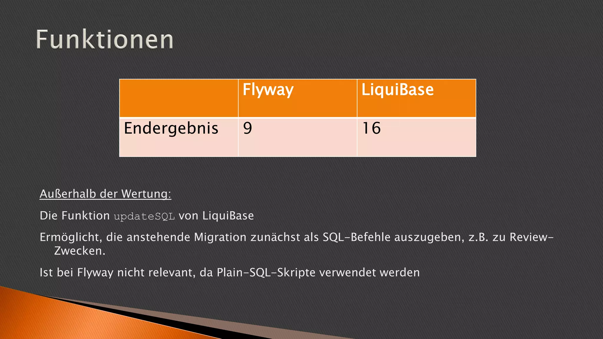 Außerhalb der Wertung:
Die Funktion updateSQL von LiquiBase
Ermöglicht, die anstehende Migration zunächst als SQL-Befehle auszugeben, z.B. zu Review-
Zwecken.
Ist bei Flyway nicht relevant, da Plain-SQL-Skripte verwendet werden
Flyway LiquiBase
Endergebnis 9 16
 