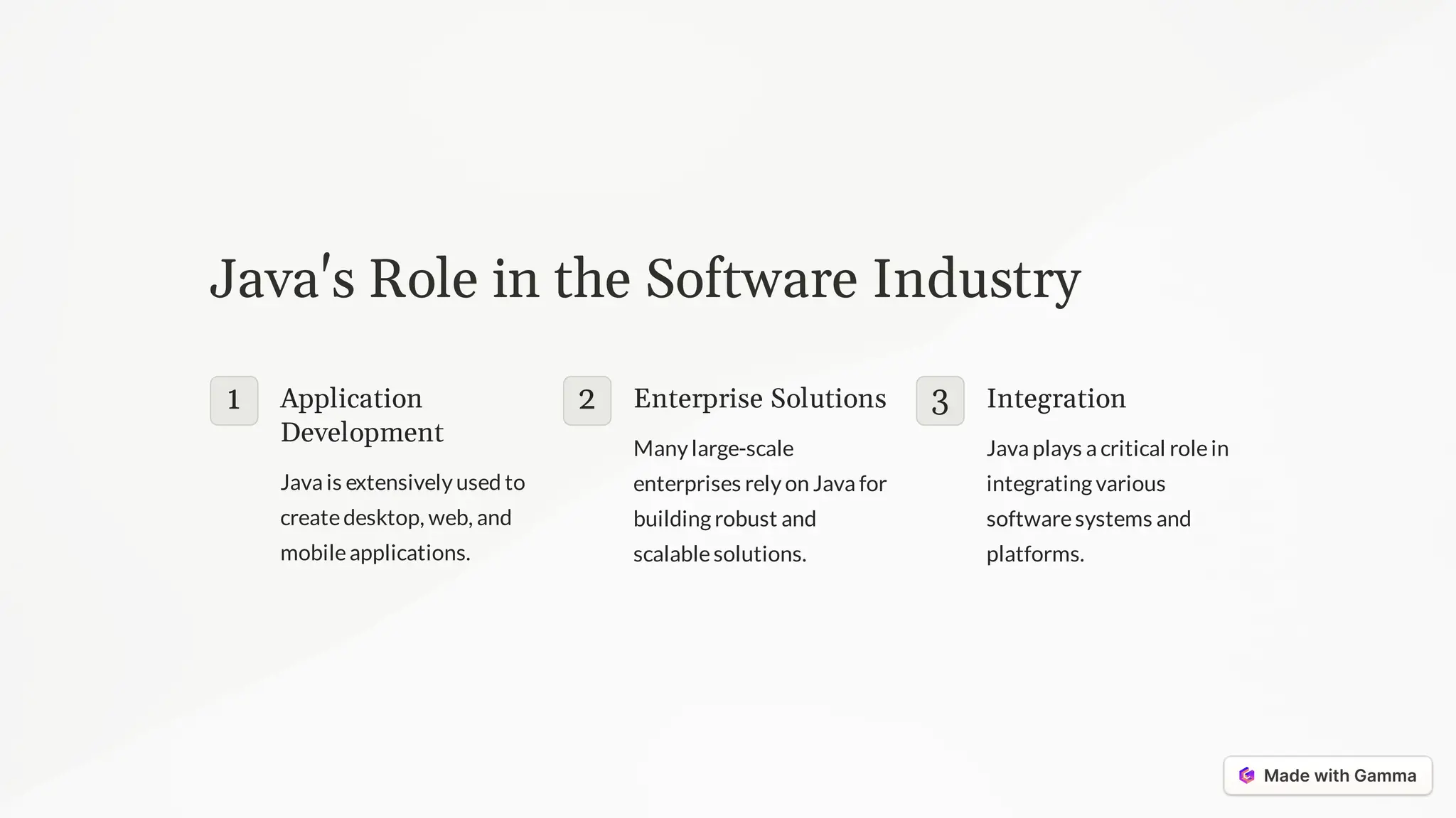 Java's Role in the Software Industry
1 Application
Development
Java is extensively used to
createdesktop, web, and
mobileapplications.
2 Enterprise Solutions
Many large-scale
enterprises rely on Java for
building robust and
scalablesolutions.
3 Integration
Java plays a critical rolein
integrating various
softwaresystems and
platforms.
 
