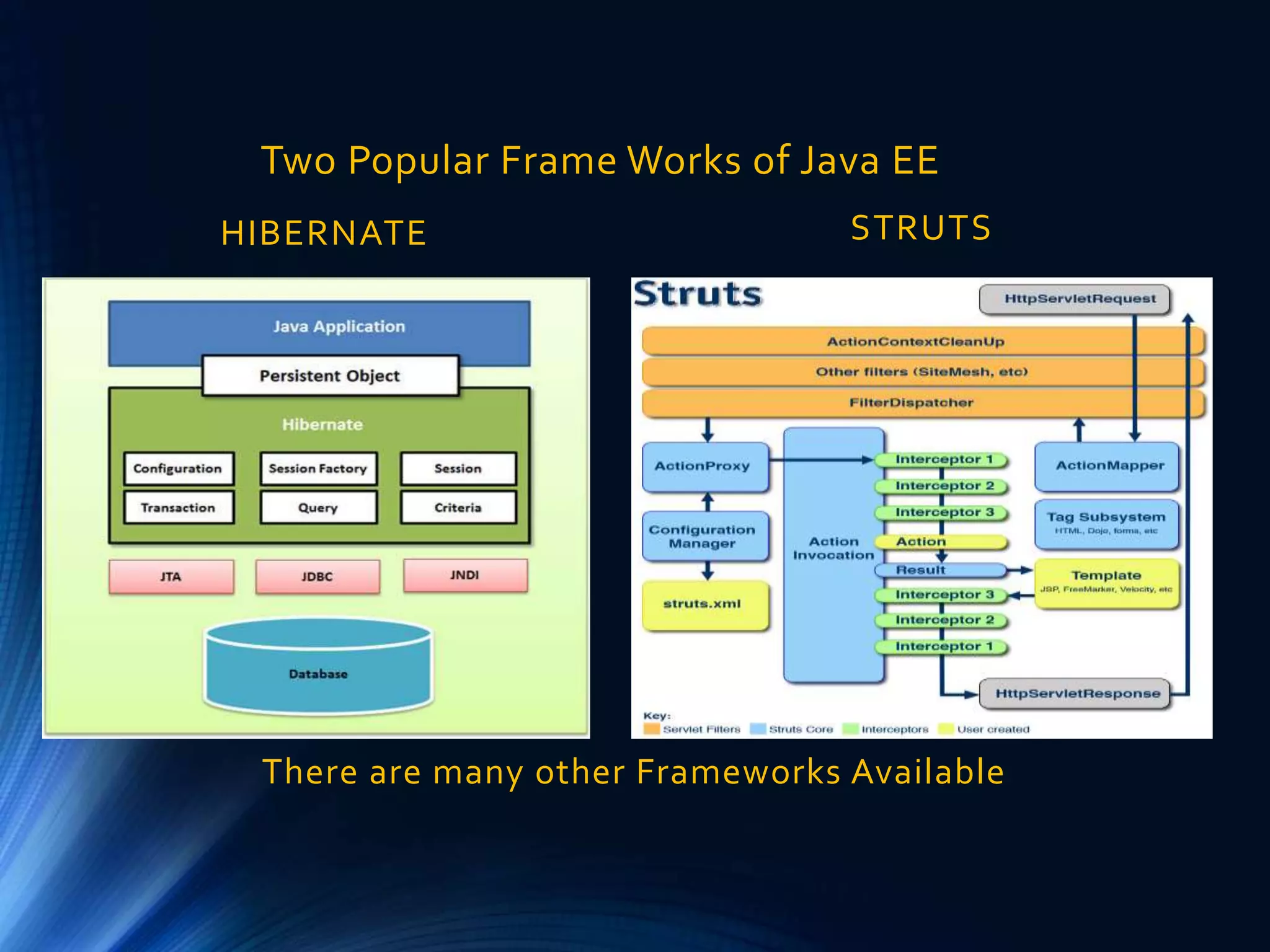 Two Popular Frame Works of Java EE
HIBERNATE STRUTS
There are many other Frameworks Available
 