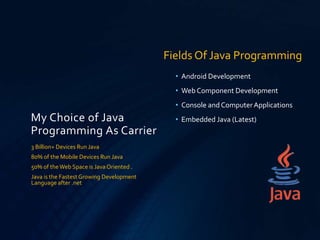 My Choice of Java
Programming As Carrier
• Android Development
• Web Component Development
• Console and ComputerApplications
• Embedded Java (Latest)
3 Billion+ Devices Run Java
80% of the Mobile Devices Run Java
50% of theWeb Space is Java Oriented .
Java is the FastestGrowing Development
Language after .net
Fields Of Java Programming
 