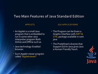 Two Main Features of Java Standard Edition
APPLETS
• An Applet is a small Java
program that is embedded to
run in some other Java
interpreter program Both
Online and Offline such as
• Java technology-Enabled
browser.
• Sun’s Applet viewer program
called “Appletviewer”
GUI APPLICATIONS
• The Program can be Given a
Graphic Interface withAWT &
UTIL package available in core
java
• The Predefined Libraries that
SupportGUI In Java gives Java
a Human FriendlyTouch.
 
