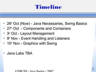 2
Timeline
• 26th
Oct (Now) - Java Necessaries, Swing Basics
• 27th
Oct - Components and Containers
• 3rd
Oct - Layout Management
• 9th
Nov - Event Handling and Listeners
• 10th
Nov - Graphics with Swing
• Java Labs TBA
 
