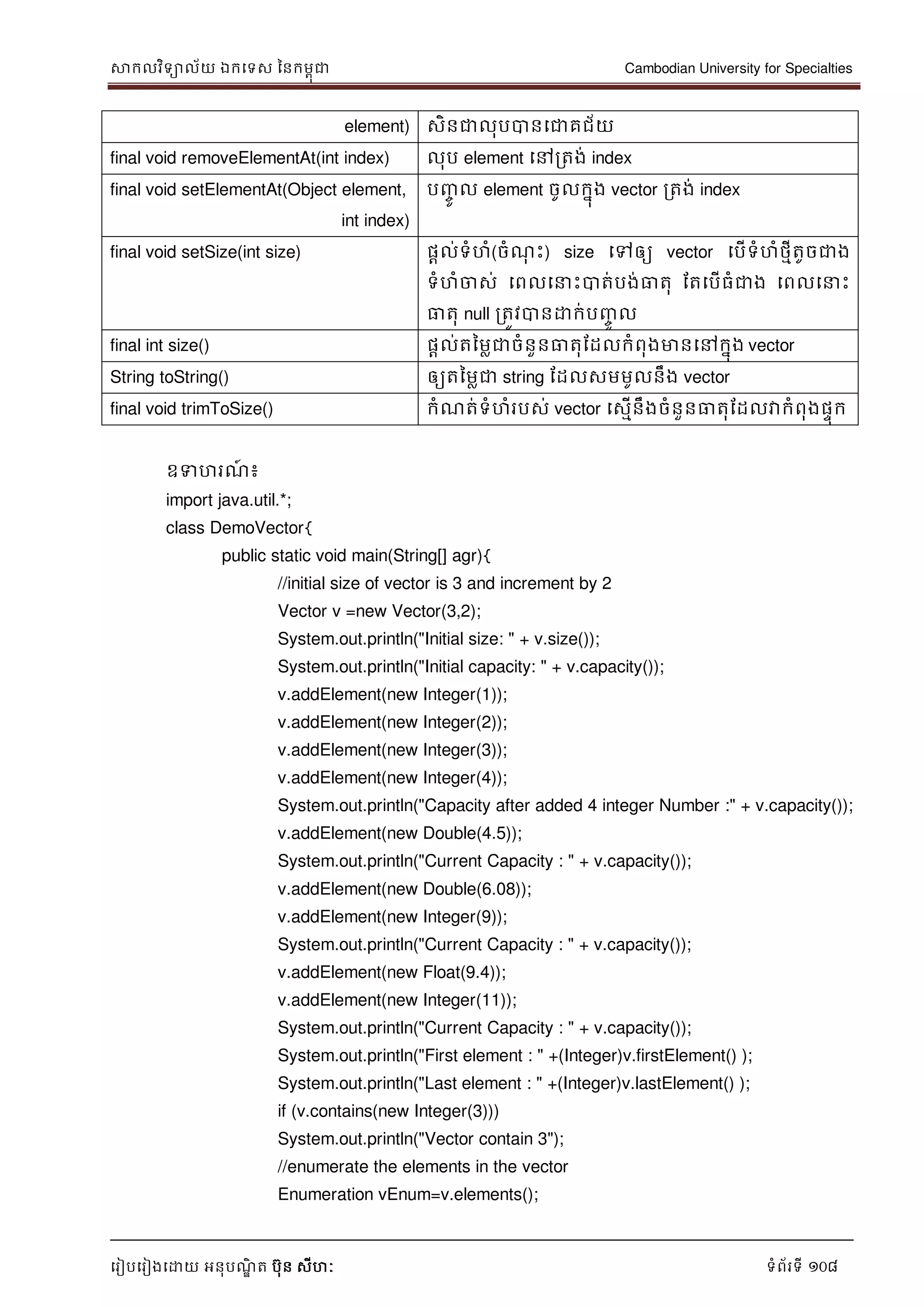 សាកលវិទាល័យ ឯកទទស ននកមពុជា Cambodian University for Specialties
ទរៀបទរៀងទោយ អនុបណ្ឌិ ត បុន សីហៈ ទំព័រទី 108
element) សិនជាលុបបានទជាគជ័យ
final void removeElementAt(int index) លុប element ទៅរតង់ index
final void setElementAt(Object element,
int index)
បញ្ចូ ល element ចូលកនុង vector រតង់ index
final void setSize(int size) ផាល់ទំហំ(ចំណ្ុ េះ) size ទៅឲ្យ vector ទបើទំហំថមីតូចជាង
ទំហំចាស់ ទពលទ េះបាត់បង់ធាតុ ដតទបើធំជាង ទពលទ េះ
ធាតុ null រតូវបានោក់បញ្ចូ ល
final int size() ផាល់តនមលជាចំនួនធាតុដដលកំពុងមានទៅកនុង vector
String toString() ឲ្យតនមលជា string ដដលសមមូលនឹង vector
final void trimToSize() កំណ្ត់ទំហំរបស់ vector ទសមើនឹងចំនួនធាតុដដលវាកំពុងផេុក
ឧទហរណ្៍ ៖
import java.util.*;
class DemoVector{
public static void main(String[] agr){
//initial size of vector is 3 and increment by 2
Vector v =new Vector(3,2);
System.out.println("Initial size: " + v.size());
System.out.println("Initial capacity: " + v.capacity());
v.addElement(new Integer(1));
v.addElement(new Integer(2));
v.addElement(new Integer(3));
v.addElement(new Integer(4));
System.out.println("Capacity after added 4 integer Number :" + v.capacity());
v.addElement(new Double(4.5));
System.out.println("Current Capacity : " + v.capacity());
v.addElement(new Double(6.08));
v.addElement(new Integer(9));
System.out.println("Current Capacity : " + v.capacity());
v.addElement(new Float(9.4));
v.addElement(new Integer(11));
System.out.println("Current Capacity : " + v.capacity());
System.out.println("First element : " +(Integer)v.firstElement() );
System.out.println("Last element : " +(Integer)v.lastElement() );
if (v.contains(new Integer(3)))
System.out.println("Vector contain 3");
//enumerate the elements in the vector
Enumeration vEnum=v.elements();
 