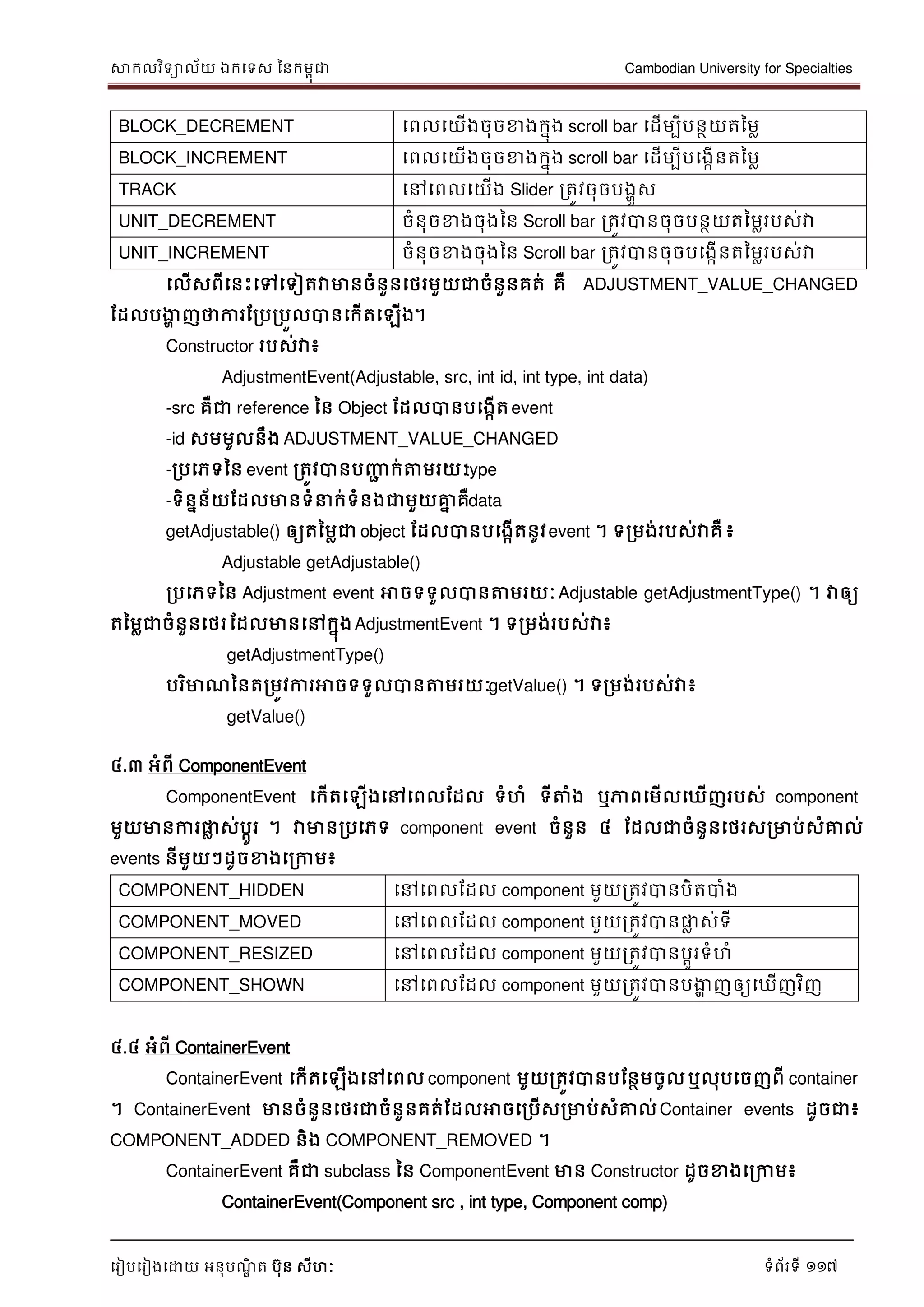 សាកលវិទាល័យ ឯកទទស ននកមពុជា Cambodian University for Specialties
ទរៀបទរៀងទោយ អនុបណ្ឌិ ត បុន សីហៈ ទំព័រទី 117
BLOCK_DECREMENT ទពលទយើងចុចខាងកនុង scroll bar ទដើមបីបនថយតនមល
BLOCK_INCREMENT ទពលទយើងចុចខាងកនុង scroll bar ទដើមបីបទងកើនតនមល
TRACK ទៅទពលទយើង Slider រតូវចុចបងាួស
UNIT_DECREMENT ចំនុចខាងចុងនន Scroll bar រតូវបានចុចបនថយតនមលរបស់វា
UNIT_INCREMENT ចំនុចខាងចុងនន Scroll bar រតូវបានចុចបទងកើនតនមលរបស់វា
ទលើសពីទនេះទៅទទៀតវាមានចំនួនទថរមួយជាចំនួនគត់ គឺ ADJUSTMENT_VALUE_CHANGED
ដដលបងាា ញថាការដរបរបួលបានទកើតទឡើង។
Constructor របស់វា៖
AdjustmentEvent(Adjustable, src, int id, int type, int data)
-src គឺជា reference នន Object ដដលបានបទងកើតevent
-id សមមូលនឹង ADJUSTMENT_VALUE_CHANGED
-របទភទនន event រតូវបានបញ្ញា ក់ត្តមរយៈtype
-ទិននន័យដដលមានទំ ក់ទំនងជាមួយគ្នន គឺdata
getAdjustable() ឲ្យតនមលជា object ដដលបានបទងកើតនូវevent ។ ទរមង់របស់វាគឺ ៖
Adjustable getAdjustable()
របទភទនន Adjustment event អាចទទួលបានត្តមរយៈAdjustable getAdjustmentType() ។ វាឲ្យ
តនមលជាចំនួនទថរដដលមានទៅកនុងAdjustmentEvent ។ ទរមង់របស់វា៖
getAdjustmentType()
បរិមាណ្ននតរមូវការអាចទទួលបានត្តមរយៈgetValue() ។ ទរមង់របស់វា៖
getValue()
៤.៣ អំពី ComponentEvent
ComponentEvent ទកើតទឡើងទៅទពលដដល ទំហំ ទីត្តំង ឬភាពទមើលទឃើញរបស់ component
មួយមានការផ្លល ស់បាូរ ។ វាមានរបទភទ component event ចំនួន ៤ ដដលជាចំនួនទថរសរមាប់សំគ្នល់
events នីមួយៗដូចខាងទរកាម៖
COMPONENT_HIDDEN ទៅទពលដដល component មួយរតូវបានបិតបាំង
COMPONENT_MOVED ទៅទពលដដល component មួយរតូវបានផ្លល ស់ទី
COMPONENT_RESIZED ទៅទពលដដល component មួយរតូវបានបាូរទំហំ
COMPONENT_SHOWN ទៅទពលដដល component មួយរតូវបានបងាា ញឲ្យទឃើញវិញ
៤.៤ អំពី ContainerEvent
ContainerEvent ទកើតទឡើងទៅទពល component មួយរតូវបានបដនថមចូលឬលុបទចញពី container
។ ContainerEvent មានចំនួនទថរជាចំនួនគត់ដដលអាចទរបើសរមាប់សំគ្នល់Container events ដូចជា៖
COMPONENT_ADDED និង COMPONENT_REMOVED ។
ContainerEvent គឺជា subclass នន ComponentEvent មាន Constructor ដូចខាងទរកាម៖
ContainerEvent(Component src , int type, Component comp)
 