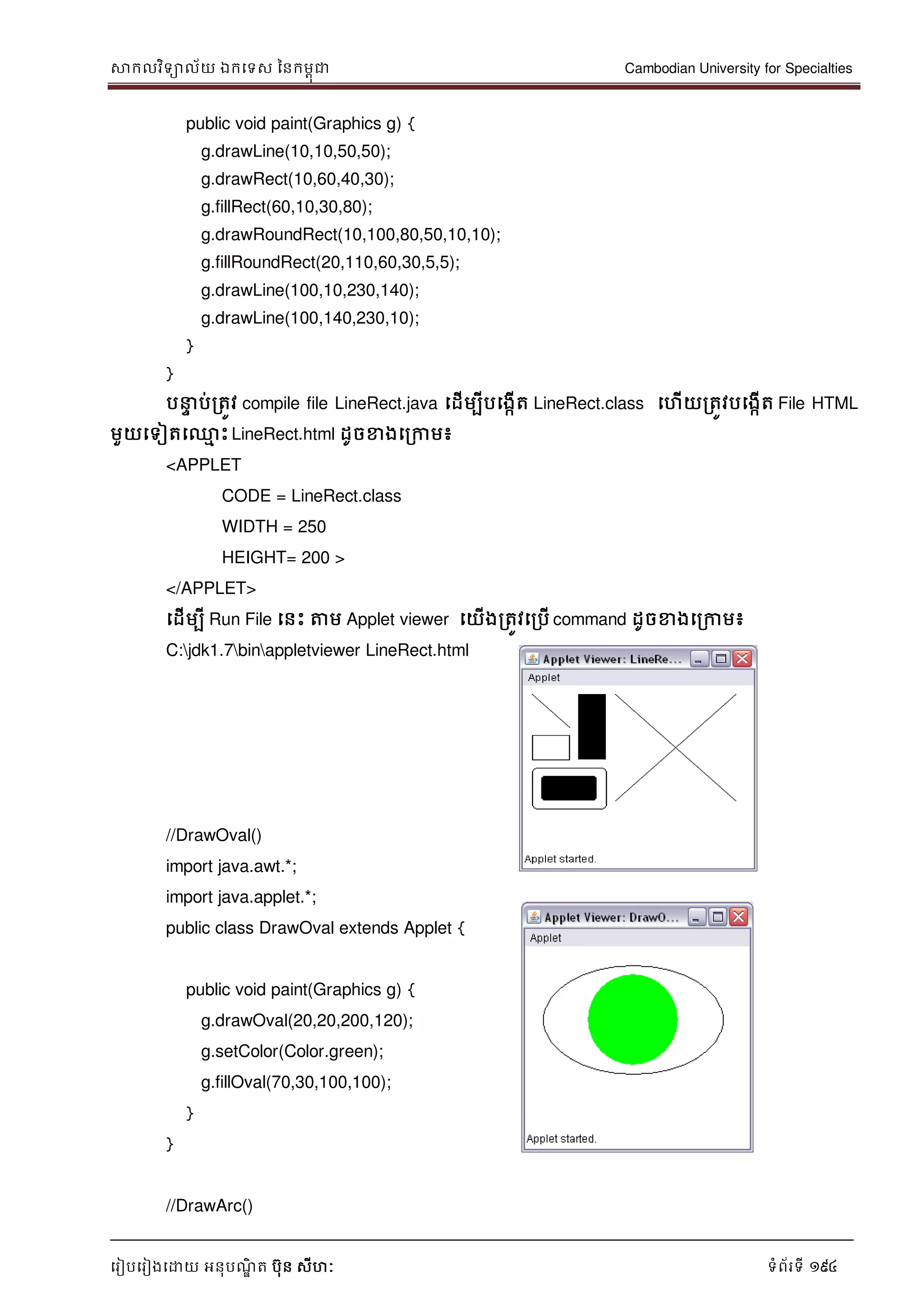 សាកលវិទាល័យ ឯកទទស ននកមពុជា Cambodian University for Specialties
ទរៀបទរៀងទោយ អនុបណ្ឌិ ត បុន សីហៈ ទំព័រទី 194
public void paint(Graphics g) {
g.drawLine(10,10,50,50);
g.drawRect(10,60,40,30);
g.fillRect(60,10,30,80);
g.drawRoundRect(10,100,80,50,10,10);
g.fillRoundRect(20,110,60,30,5,5);
g.drawLine(100,10,230,140);
g.drawLine(100,140,230,10);
}
}
ប េ ប់រតូវ compile file LineRect.java ទដើមបីបទងកើត LineRect.class ទហើយរតូវបទងកើត File HTML
មួយទទៀតទ្ម េះLineRect.html ដូចខាងទរកាម៖
<APPLET
CODE = LineRect.class
WIDTH = 250
HEIGHT= 200 >
</APPLET>
ទដើមបី Run File ទនេះ ត្តម Applet viewer ទយើងរតូវទរបើ command ដូចខាងទរកាម៖
C:jdk1.7binappletviewer LineRect.html
//DrawOval()
import java.awt.*;
import java.applet.*;
public class DrawOval extends Applet {
public void paint(Graphics g) {
g.drawOval(20,20,200,120);
g.setColor(Color.green);
g.fillOval(70,30,100,100);
}
}
//DrawArc()
 