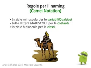 Regole per il naming
(Camel Notation)
Android Corso Base. Maurizio Cozzetto.
● Iniziale minuscola per le variabiliQualsiasi
● Tutte lettere MAIUSCOLE per le costanti
● Iniziale Maiuscola per le classi
 
