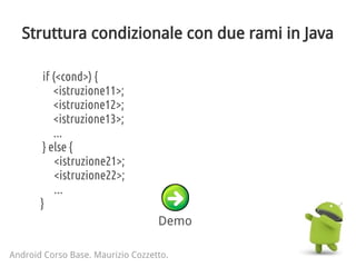 Struttura condizionale con due rami in Java
Android Corso Base. Maurizio Cozzetto.
if (<cond>) {
<istruzione11>;
<istruzione12>;
<istruzione13>;
...
} else {
<istruzione21>;
<istruzione22>;
...
}
Demo
 