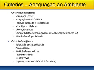 Critérios – Adequação ao Ambiente
 • CritériosEliminatórios
    – Segurança Java EE
    – Integração com LDAP/AD
    – Testável (unidade / integração)
    – Alta Disponibilidade
    – ExecuçãoRemota
    – Compatibilidade com oServidor de AplicaçãoWebSphere 6.1
    – Mão-de-ObraEspecializada

 • CritériosDesejáveis
    – Delegação de autenticação
    – PadrãoOficial
    – MúltiplosFornecedores
    – ToleranteàFalhas
    – Clusterizável
    – Suportecontratual (Oficial / Terceiros)
 
