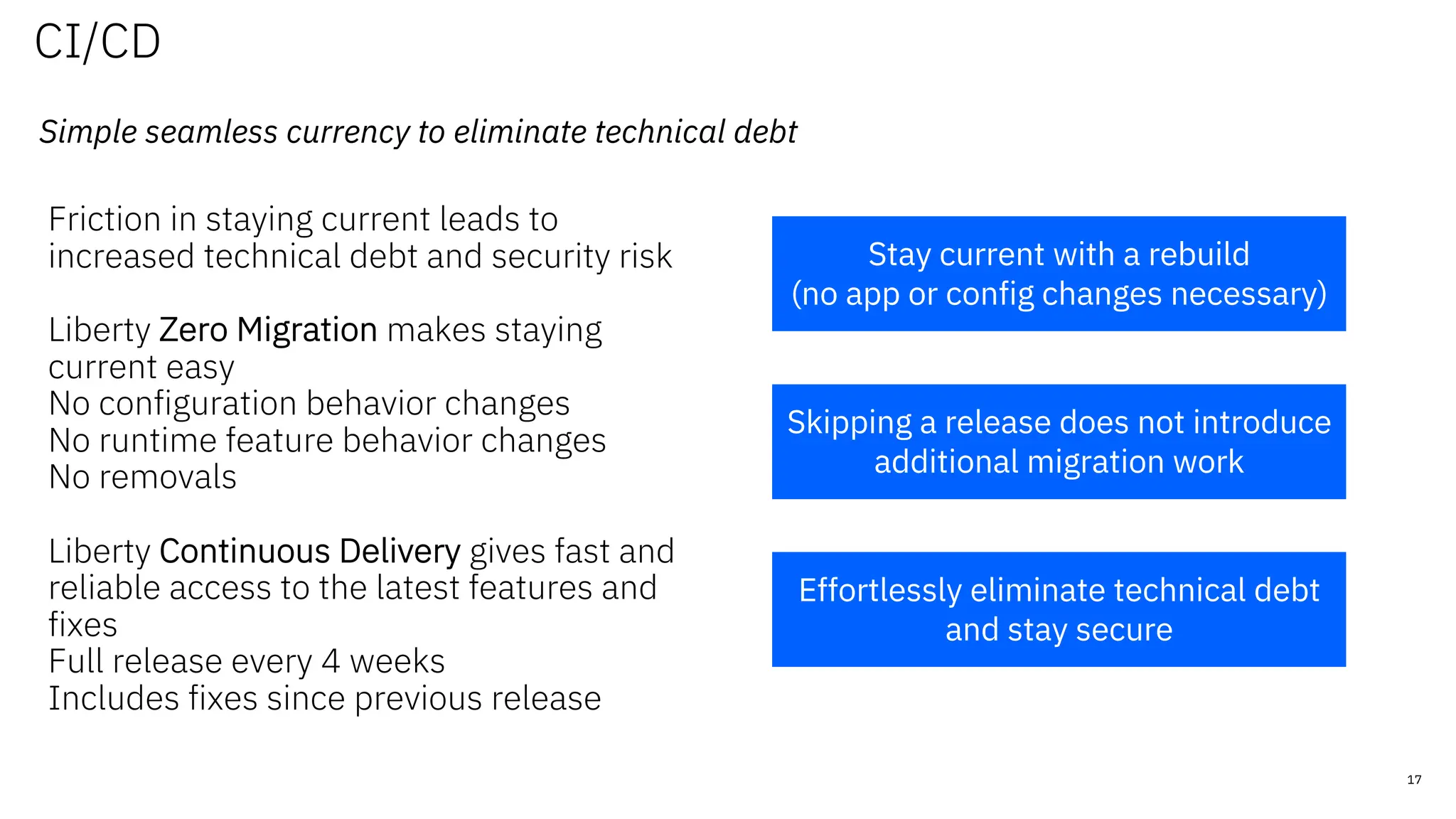 CI/CD
Friction in staying current leads to
increased technical debt and security risk
Liberty Zero Migration makes staying
current easy
No configuration behavior changes
No runtime feature behavior changes
No removals
Liberty Continuous Delivery gives fast and
reliable access to the latest features and
fixes
Full release every 4 weeks
Includes fixes since previous release
Effortlessly eliminate technical debt
and stay secure
Skipping a release does not introduce
additional migration work
Stay current with a rebuild
(no app or config changes necessary)
Simple seamless currency to eliminate technical debt
17
 