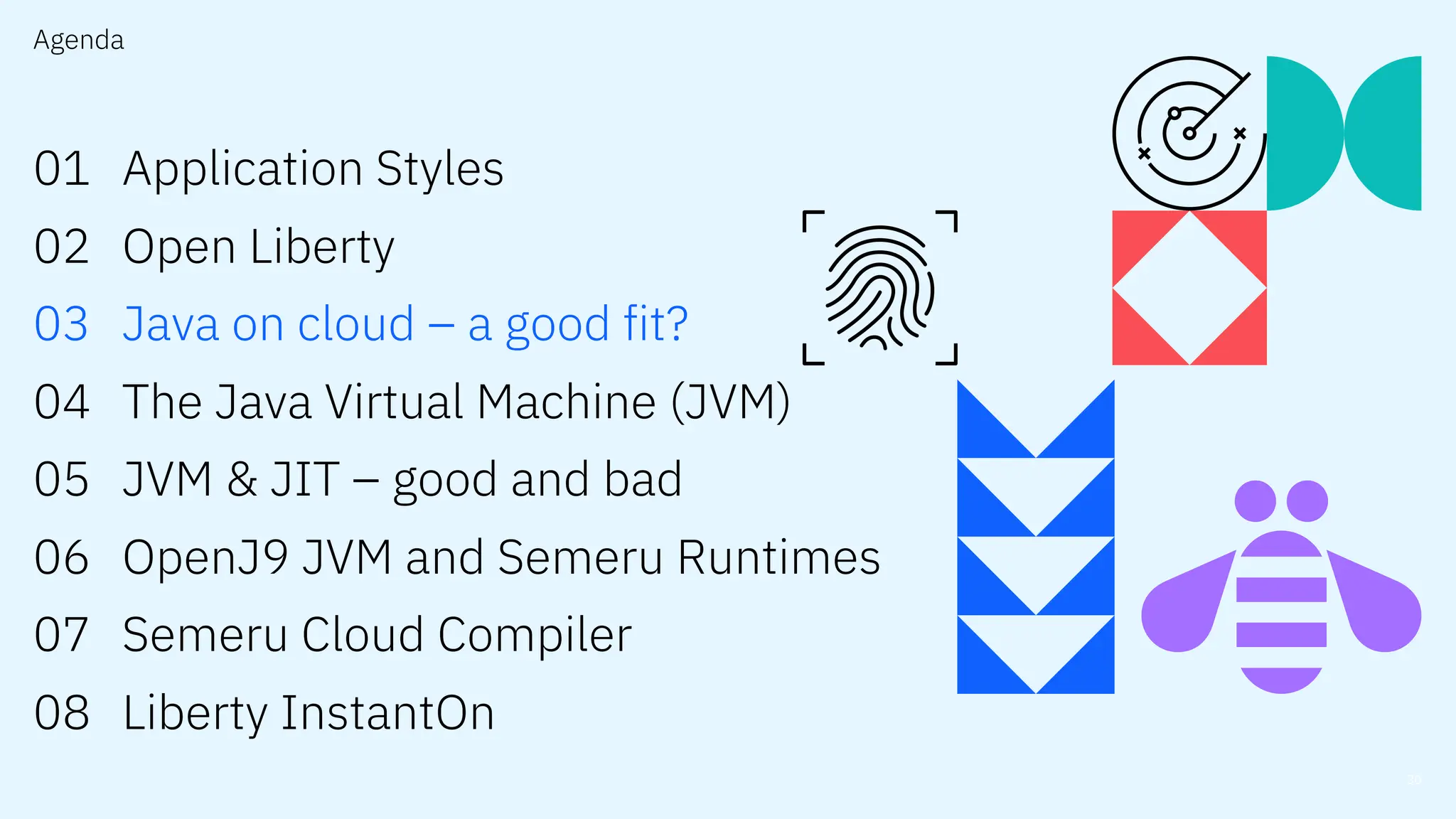 Agenda
01
02
03
04
05
06
07
08
30
Application Styles
Open Liberty
Java on cloud – a good fit?
The Java Virtual Machine (JVM)
JVM & JIT – good and bad
OpenJ9 JVM and Semeru Runtimes
Semeru Cloud Compiler
Liberty InstantOn
 