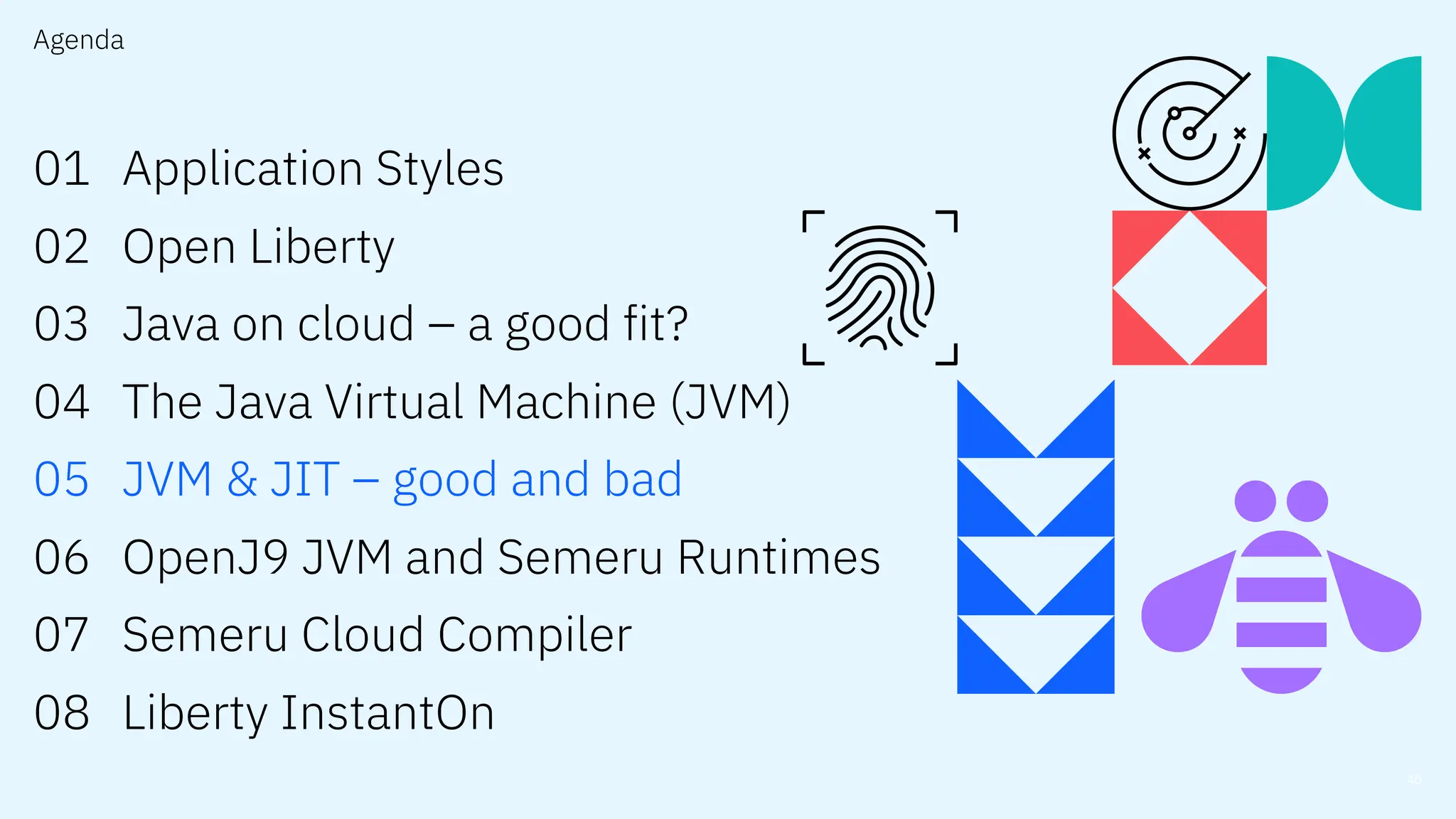 Agenda
01
02
03
04
05
06
07
08
40
Application Styles
Open Liberty
Java on cloud – a good fit?
The Java Virtual Machine (JVM)
JVM & JIT – good and bad
OpenJ9 JVM and Semeru Runtimes
Semeru Cloud Compiler
Liberty InstantOn
 