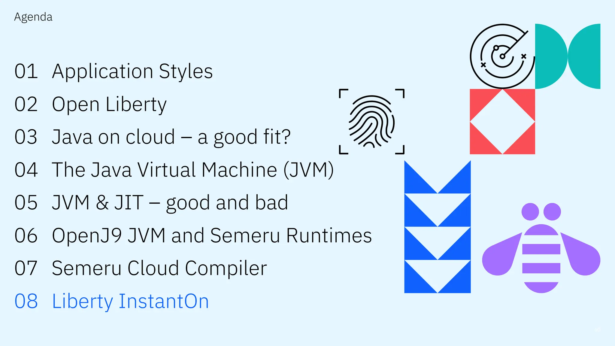 Agenda
01
02
03
04
05
06
07
08
60
Application Styles
Open Liberty
Java on cloud – a good fit?
The Java Virtual Machine (JVM)
JVM & JIT – good and bad
OpenJ9 JVM and Semeru Runtimes
Semeru Cloud Compiler
Liberty InstantOn
 