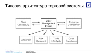 1
Deutsche Bank Technology Center
Deutsche Bank Алексей Рагозин
United Dev Conf 2017
Типовая архитектура торговой системы
Client
Connectivity
Order
Management
System
Exchange
Connectivity
Settelment
Risk
Managment
Trade
Life Cycle
Other
Downstreams
 