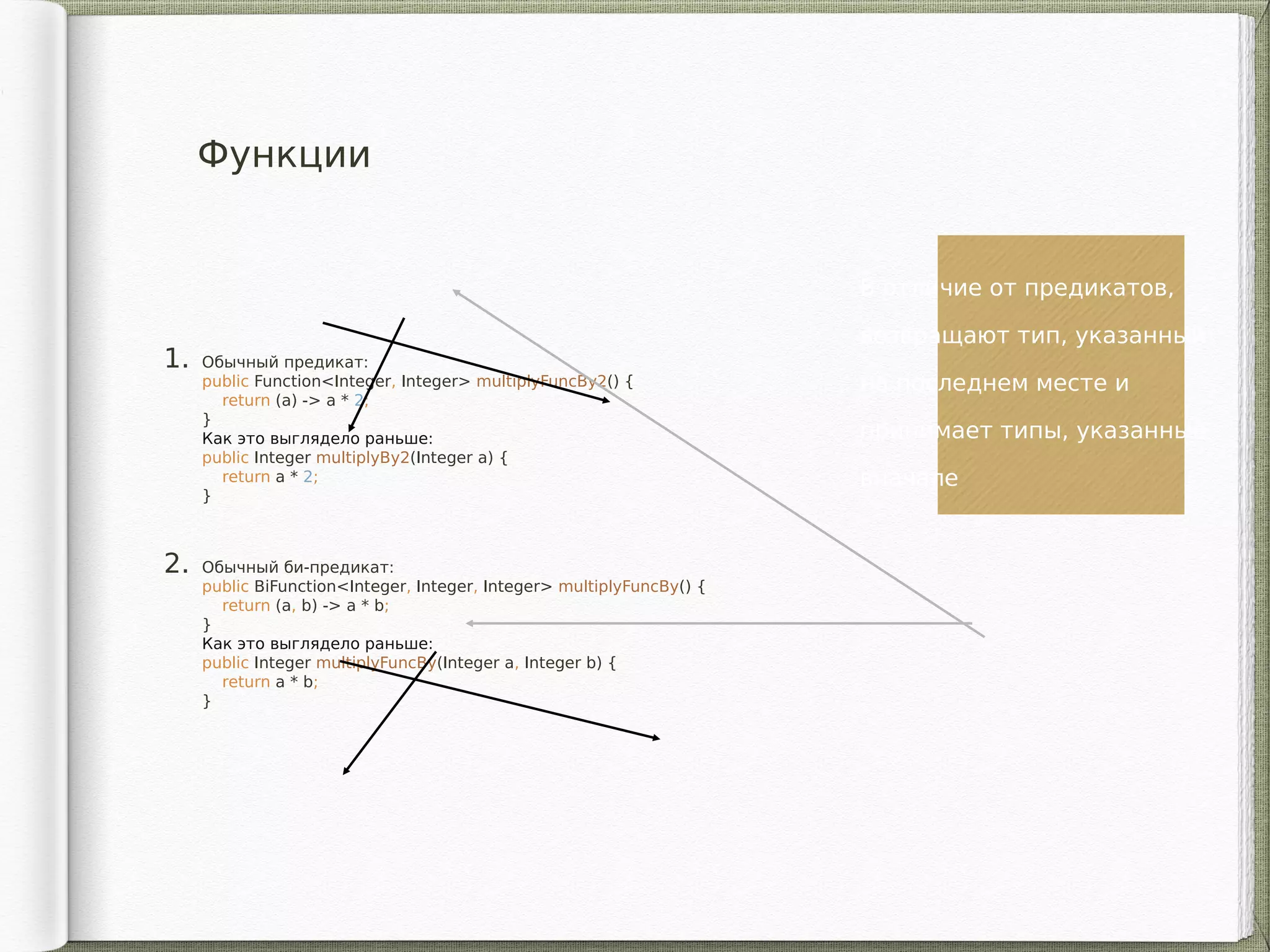 Функции
1. Обычный предикат:
public Function<Integer, Integer> multiplyFuncBy2() {
return (a) -> a * 2;
}
Как это выглядело раньше:
public Integer multiplyBy2(Integer a) {
return a * 2;
}
2. Обычный би-предикат:
public BiFunction<Integer, Integer, Integer> multiplyFuncBy() {
return (a, b) -> a * b;
}
Как это выглядело раньше:
public Integer multiplyFuncBy(Integer a, Integer b) {
return a * b;
}
В отличие от предикатов,
возвращают тип, указанный
на последнем месте и
принимает типы, указанные
вначале
 