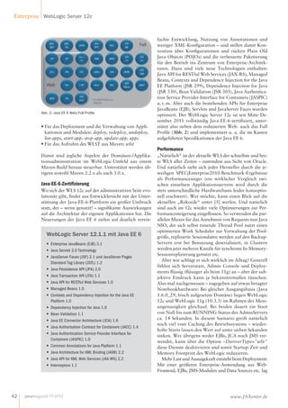 Enterprise WebLogic Server 12c 
Abb.2: Java EE 6 Web/Full Prole 
• Für das Deployment und die Verwaltung von Appli-kationen 
und Modulen: deploy, redeploy, undeploy, 
list-apps, start-app, stop-app, update-app, appc 
• Für das Aufrufen des WLST aus Maven: wlst 
Damit sind jegliche Aspekte der Domänen-/Applika-tionsadministration 
im WebLogic-Umfeld aus einem 
Maven-Build heraus steuerbar. Unterstützt werden üb-rigens 
sowohl Maven 2.2.x als auch 3.0.x. 
Java-EE-6-Zertizierung 
Wo sich der WLS 12c auf der administrativen Seite evo-lutionär 
gibt, ndet aus Entwicklersicht mit der Unter-stützung 
der Java-EE-6-Plattform ein großer Umbruch 
statt, der – wenn genutzt! – signikante Auswirkungen 
auf die Architektur der eigenen Applikationen hat. Die 
Neuerungen der Java EE 6 zielen auf deutlich verein-fachte 
Entwicklung, Nutzung von Annotationen und 
weniger XML-Konguration – und stellen damit Kon-vention 
über Kongurationen und rücken Plain Old 
Java Objects (POJOs) und die verbesserte Paketierung 
für den Betrieb ins Zentrum von Enterprise-Architek-turen. 
Dazu sind viele neue Technologien enthalten: 
Java API for RESTful Web Services (JAX-RS), Managed 
Beans, Contexts and Dependency Injection for the Java 
EE Platform (JSR 299), Dependency Injection for Java 
(JSR 330), Bean Validation (JSR 303), Java Authentica-tion 
Service Provider Interface for Containers (JASPIC) 
u. v. m. Aber auch die bestehenden APIs für Enterprise 
JavaBeans (EJB), Servlets und JavaServer Faces wurden 
optimiert. Der WebLogic Server 12c ist seit Mitte De-zember 
2011 vollständig Java-EE-6-zertiziert, unter-stützt 
also neben dem reduzierten Web- auch das Full 
Prole (Abb.2) und implementiert u.a. die im Kasten 
aufgeführten Spezikationen der Java EE 6. 
Performance 
„Natürlich“ ist der aktuelle WLS der schnellste und bes-te 
WLS aller Zeiten – zumindest aus Sicht von Oracle. 
Und natürlich sieht sich jeder Hersteller durch die je-weiligen 
SPECjEnterprise2010-Benchmark-Ergebnisse 
als Performancesieger (ein wirklicher Vergleich zwi-schen 
einzelnen Applikationsservern wird durch die 
stets unterschiedliche Hardwarebasis leider konzeptio-nell 
erschwert). Wer möchte, kann einen Blick auf die 
aktuellen „Rekorde“ unter [5] werfen. Und natürlich 
sind auch im 12c wieder viele Optimierungen zur Per-formancesteigerung 
eingeossen. So verwenden die par-allelen 
Muxer für das Annehmen von Requests nun Java 
NIO, der sich selbst tunende Thread Pool nutzt einen 
optimierten Work Scheduler zur Verwaltung der Pool-größe, 
replizierte Sessiondaten werden auf den Backup- 
Servern erst bei Benutzung deserialisiert, in Clustern 
werden jetzt mehrere Kanäle für synchrone In-Memory- 
Sessionreplizierung genutzt etc. 
Aber wie schlägt er sich wirklich im Alltag? Generell 
fühlen sich Serverstart, Admin Console und Deploy-ments 
üssig (üssiger als beim 11g) an – aber der sub-jektive 
Eindruck kann ja bekanntermaßen täuschen. 
Also mal nachgemessen – zugegeben auf etwas betagter 
Notebookhardware: Bei gleicher Ausgangsbasis (Java 
1.6.0_29, frisch aufgesetzte Domäne) liegen WebLogic 
12c und WebLogic 11g (10.3.3) im Rahmen der Mess-un 
genauigkeit gleichauf. Bei beiden dauert ein Start 
von Null bis zum RUNNING-Status des AdminServers 
ca. 14 Sekunden. In diesem Szenario greift natürlich 
noch viel vom Caching des Betriebssystems – wieder-holte 
Starts lassen den Wert auf unter sieben Sekunden 
sinken. Wer übrigens weder EJBs, JCA noch JMS ver-wendet, 
kann über die Option –DserverType=wlx 
diese Dienste deaktivieren und somit Startup-Zeit und 
Memory Footprint des WebLogic reduzieren. 
Mehr Last und Aussagekraft entsteht beim Deployment: 
Mit einer größeren Enterprise-Anwendung aus Web- 
Frontend, EJBs, JMS-Modulen und Data Sources etc. lag 
WebLogic Server 12.1.1 mit Java EE 6 
 Enterprise JavaBeans (EJB) 3.1 
 Java Servlet 3.0 Technology 
 JavaServer Faces (JSF) 2.1 und JavaServer Pages 
Standard Tag Library (JSTL) 1.2 
 Java Persistence API (JPA) 2.0 
 Java Transaction API (JTA) 1.1 
 Java API for RESTful Web Services 1.0 
 Managed Beans 1.0 
 Contexts and Dependency Injection for the Java EE 
Platform 1.0 
 Dependency Injection for Java 1.0 
 Bean Validation 1.1 
 Java EE Connector Architecture (JCA) 1.6 
 Java Authorization Contract for Containers (JACC) 1.4 
 Java Authentication Service Provider Interface for 
Containers (JASPIC) 1.0 
 Common Annotations for Java Platform 1.1 
 Java Architecture for XML Binding (JAXB) 2.2 
 Java API for XML Web Services (JAX-WS) 2.2 
 Interceptors 1.1 
42 javamagazin 9 | 2012 www.JAXenter.de 
 
