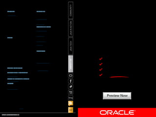 RESOURCES
Oracle Products
+1.800.367.8674 (US/Canada)
Oracle Services
+1.888.283.0591 (US)
Oracle Press Books
oraclepressbooks.com

ARTICLE SUBMISSION
If you are interested in submitting an article, please e-mail the editors.

COMMUNITY
JAVA IN ACTION

ADVERTISING SALES
President, Sprocket Media
Kyle Walkenhorst +1.323.340.8585
Western and Central US, LAD, and
Canada, Sprocket Media
Tom Cometa +1.510.339.2403
Eastern US and EMEA/APAC,
Sprocket Media
Mark Makinney +1.805.709.4745
Advertising Sales Assistant
Cindy Elhaj +1.626.396.9400 x 201
Mailing-List Rentals
Contact your sales representative.

JAVA TECH

DESIGN
Senior Creative Director
Francisco G Delgadillo
Senior Design Director
Suemi Lam
Design Director
Richard Merchán
Contributing Designers
Jaime Ferrand, Arianna Pucherelli
Production Designers
Sheila Brennan, Kathy Cygnarowicz

PUBLISHING
Vice President
Jeff Spicer
Publisher
Jennifer Hamilton +1.650.506.3794
Associate Publisher and Audience
Development Director
Karin Kinnear +1.650.506.1985

ABOUT US

EDITORIAL
Editor in Chief
Caroline Kvitka
Community Editors
Cassandra Clark, Sonya Barry,
Yolande Poirier
Java in Action Editor
Michelle Kovac
Technology Editors
Janice Heiss, Tori Wieldt
Contributing Writer
Kevin Farnham
Contributing Editors
Claire Breen, Blair Campbell, Karen Perkins

SUBSCRIPTION INFORMATION
Subscriptions are complimentary for qualified individuals who complete the
subscription form.

Java Skills
#1 Priority
Of Hiring Managers
Get Certiﬁed with Oracle University
Prepare with Java experts
In the classroom or online
Pass or retest for free
And save up to 20%

MAGAZINE CUSTOMER SERVICE
java@halldata.com  Phone +1.847.763.9635
PRIVACY
Oracle Publishing allows sharing of its mailing list with selected third parties. If you prefer
that your mailing address or e-mail address not be included in this program, contact
Customer Service.
Copyright © 2013, Oracle and/or its affiliates. All Rights Reserved. No part of this publication may be reprinted or otherwise
reproduced without permission from the editors. JAVA MAGAZINE IS PROVIDED ON AN “AS IS” BASIS. ORACLE EXPRESSLY
DISCLAIMS ALL WARRANTIES, WHETHER EXPRESS OR IMPLIED. IN NO EVENT SHALL ORACLE BE LIABLE FOR ANY
DAMAGES OF ANY KIND ARISING FROM YOUR USE OF OR RELIANCE ON ANY INFORMATION PROVIDED HEREIN. The
information is intended to outline our general product direction. It is intended for information purposes only, and may not be
incorporated into any contract. It is not a commitment to deliver any material, code, or functionality, and should not be relied
upon in making purchasing decisions. The development, release, and timing of any features or functionality described for Oracle’s
products remains at the sole discretion of Oracle. Oracle and Java are registered trademarks of Oracle Corporation and/or its
affiliates. Other names may be trademarks of their respective owners.

blog

Java Magazine is published bimonthly with a free subscription price by
Oracle, 500 Oracle Parkway, MS OPL-3C, Redwood City, CA 94065-1600.

Digital Publishing by GTxcel

ORACLE.COM/JAVAMAGAZINE  ////////////////////////////////  NOVEMBER/DECEMBER 2013

Preview Now
Source: from Dice.com’s “Dice Report”; “January 2013: Repeat Priorities”

02

 