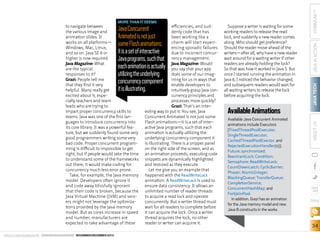 ORACLE.COM/JAVAMAGAZINE  ////////////////////////////////  NOVEMBER/DECEMBER 2013

Available Animations
Available Java Concurrent Animated
animations include Executors
[FixedThreadPoolExecutor,
SingleThreadExecutor,
CachedThreadPoolExector, and
RejectedExecutionHandler(s)];
Future; synchronized;
ReentrantLock; Condition;
Semaphore; ReadWriteLock;
CountDownLatch; CyclicBarrier;
Phaser; AtomicInteger;
BlockingQueue; TransferQueue;
CompletionService;
ConcurrentHashMap; and
ForkJoinPool.
In addition, Grazi has an animation
for the Java memory model and new
Java 8 constructs in the works.

COMMUNITY

Suppose a writer is waiting for some
working readers to release the read
lock, and suddenly a new reader comes
along. Who should get preference?
Should the reader move ahead of the
writers—after all, why have a new reader
wait around for a waiting writer if other
readers are already holding the lock?
So that was how it worked in Java 5. But
once I started running the animation in
Java 6, I noticed the behavior changed,
and subsequent readers would wait for
all waiting writers to release the lock
before acquiring the lock.

JAVA IN ACTION

efficiencies, and suddenly code that has
been working like a
charm will start experiencing sporadic failures
due to incorrect concurrency management.
Java Magazine: Would
you say that your app
does some of our imagining for us in ways that
enable developers to
intuitively grasp Java concurrency principles and
processes more quickly?
Grazi: That’s an interesting way to put it. You see, Java
Concurrent Animated is not just some
Flash animations—it is a set of interactive Java programs, such that each
animation is actually utilizing the
underlying concurrency component it
is illustrating. There is a snippet panel
on the right side of the screen, and as
an animation proceeds, executing code
snippets are dynamically highlighted
and restored as they execute.
Let me give you an example that
happened with the ReadWriteLock
animation. A ReadWriteLock is used to
ensure data consistency. It allows an
unlimited number of reader threads
to acquire a read lock and operate
concurrently. But a writer thread must
wait for all readers to complete before
it can acquire the lock. Once a writer
thread acquires the lock, no other
reader or writer can acquire it.

JAVA TECH

Java Concurrent
Animated is not just
some Flash animations;
it is a set of interactive
Java programs, such that
each animation is actually
utilizing the underlying
concurrency component
it is illustrating.

to navigate between
the various image and
animation slides. It
works on all platforms—
Windows, Mac, Linux,
and so on. Java SE 6 or
higher is now required.
Java Magazine: What
are the typical
responses to it?
Grazi: People tell me
that they find it very
helpful. Many really get
excited about it, especially teachers and team
leads who are trying to
impart proper concurrency skills to
teams. Java was one of the first languages to introduce concurrency into
its core library. It was a powerful feature, but we suddenly found some very
good programmers writing some very
bad code. Proper concurrent programming is difficult to impossible to get
right, but if people would take the time
to understand some of the frameworks
out there, it would make coding for
concurrency much less error prone.
Take, for example, the Java memory
model. Developers often ignore it
and code away blissfully ignorant
that their code is broken, because the
Java Virtual Machine (JVM) and servers might not leverage the optimizations provided by the Java memory
model. But as cores increase in speed
and number, manufacturers are
expected to take advantage of these

ABOUT US

MORE THAN IT SEEMS

blog

34

 