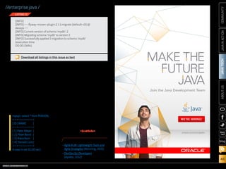 Download all listings in this issue as text
database, that is (2), and derives
the information to apply the newly
available migration number (3),
resulting in the output shown in
Listing 10.
We now have a fourth row in
our PERSON table and an updated
row, which obviously is a fix of a
previously introduced typo. The
new row was inserted by calling the freshly created stored
procedure.
mysql select * from PERSON;
+—
-+—— — — -+
———
| ID | NAME
|
+—
-+—— — — -+
———
| 1 | Peter Meyer |
| 2 | Peter Bond |
| 3 | Klara Korn |
| 4 | Donald Luck |
+—
-+—— — — -+
———
4 rows in set (0.00 sec)

Crisp, isn’t it?

Conclusion

This article introduced DevOps, a
modern way of fostering collaboration between development and
operations. Through shared goals,
shared processes, and shared
tools, barriers between different
organizational departments are
minimized.
The article also provided a roundtrip through a concrete example
that showed processes and tools—
such as Hudson, Gradle, Maven,
and Git—that might shape the
daily collaboration between the
different stakeholders and help
to deliver software faster and with
better quality. /article

LEARN MORE

COMMUNITY
JAVA IN ACTION

[INFO]
[INFO] --- flyway-maven-plugin:2.1.1:migrate (default-cli) @
devops --[INFO] Current version of schema 'mydb': 2
[INFO] Migrating schema 'mydb' to version 3
[INFO] Successfully applied 1 migration to schema 'mydb'
(execution time
00:00.069s).

JAVA TECH

LISTING 10

ABOUT US

//enterprise java /

blog

•	Agile ALM: Lightweight Tools and
Agile Strategies (Manning, 2011)
•	DevOps for Developers
(Apress, 2012)

ORACLE.COM/JAVAMAGAZINE  ////////////////////////////////  NOVEMBER/DECEMBER 2013

46

 