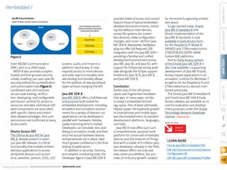 ORACLE.COM/JAVAMAGAZINE  ///////////////////////////////////////////   MARCH/APRIL 2014
JAVATECH
68
COMMUNITYJAVAINACTIONABOUTUS
blog
//embedded /
Inter-MIDlet Communication
(IMC; akin to a UNIX pipe).
MEEP 8 also provides a sophis-
ticated and fine-grained security
model, enabling use case–specific
security policies for authentication
and authorization (see Figure 2).
Sandboxed execution ensures
secure code loading, verifica-
tion, datatyping, and configurable
permission controls for access to
resources and data. Individual soft-
ware components are associated
with specific clients and inherit
their allowed privileges. And such
permissions are confirmed at every
access event.
Device Access API
The Device Access API for Java
ME 8, already present in previ-
ous Java ME releases, is critical
functionality that enables embed-
ded Java applications to access
peripheral devices such as but-
tons, switches, sensors, LEDs, LCD
screens, audio, and more in a
platform-neutral way. It now
expands access to more devices
and adds new functionality. And
late binding functionality allows
for the addition of new peripheral
types without changing the API.
Java ME SDK 8
Java ME SDK 8 offers a full-featured
and purpose-built toolset for
embedded development, including
emulation and simulation environ-
ments for a variety of devices—so
applications can be developed in
parallel with hardware, thereby
vastly improving time to market.
Developers can simulate, test, and
debug in emulation mode, and then
once the actual hardware devices
and peripherals are in place, have
much greater confidence in the final
testing of applications.
In addition to security, memory,
and network monitoring tools, the
Developer Agent in Java ME SDK 8
provides levels of access and control
beyond those of typical embedded
development environments, includ-
ing the ability to reset devices,
access file systems (on screen-
less devices), make configuration
changes, and more—all from Java
ME SDK 8. Meanwhile, NetBeans
plug-ins offer full-featured, IDE
integration with the Java ME SDK—
providing a familiar and unified
development environment across
Java ME, Java SE, and Java EE, with
support for Eclipse becoming avail-
able alongside the Eclipse support
timeline for Java SE 8, Java ME 8,
and Java ME SDK 8.
Conclusion
Earlier eras of the cell phone
space saw fragmented hardware
that was, in many ways, similar
to today’s embedded technol-
ogy space. Part of what ultimately
helped spawn the explosive growth
of smartphones and mobile apps
was the establishment of standard
development platforms, languages,
and tools. 
Java ME 8 now offers just such
a comprehensive, purpose-built
platform for connected embedded
devices and the Internet of Things.
And with a stable of 9-million-plus
Java developers already in the field,
the release offers not only vast
new career possibilities, but pro-
vides an industry-growth catalyst
for the entire burgeoning embed-
ded space.
So get started today. Oracle
Java ME Embedded 8 (the
Oracle implementation of the
Java ME 8 standard) is now
available in Early Access form
for the Raspberry Pi Model B
(ARM11) and STMicroelectronics
STM32F4DISCOVERY (ARM
Cortex-M4) platforms.
And an Early Access version
of the Oracle Java ME SDK 8 is
also now available—supporting
development of Java ME 8 Early
Access–based applications in an
emulation runtime for Windows 7
as well as for the Raspberry Pi and
STMicroelectronics devices men-
tioned previously.
The Oracle Java ME Embedded 8
and Oracle Java ME SDK 8 Early
Access releases are available at no
cost for evaluation and develop-
ment purposes under the Oracle
Technology Network Developer
License. /article
LEARN MORE
•	Oracle Java ME Embedded FAQ
•	JSR 360 (Connected Limited Device
Configuration 8)
•	JSR 361 (Java ME Embedded Profile)
Java 8
Is Here
MORE ON TOPIC:
Device
JavaME8SecurityDomains
Supportfordevice-andclient-speciﬁcsecuritypolicies
DevicePolicies
ClientPolicies
CodePrivileges
ClientA
App1
ClientB
App3
App2
Securityprivilegesrequestedby
softwarecomponentsaregoverned
bydeviceandclientpolicies
Figure 2
 
