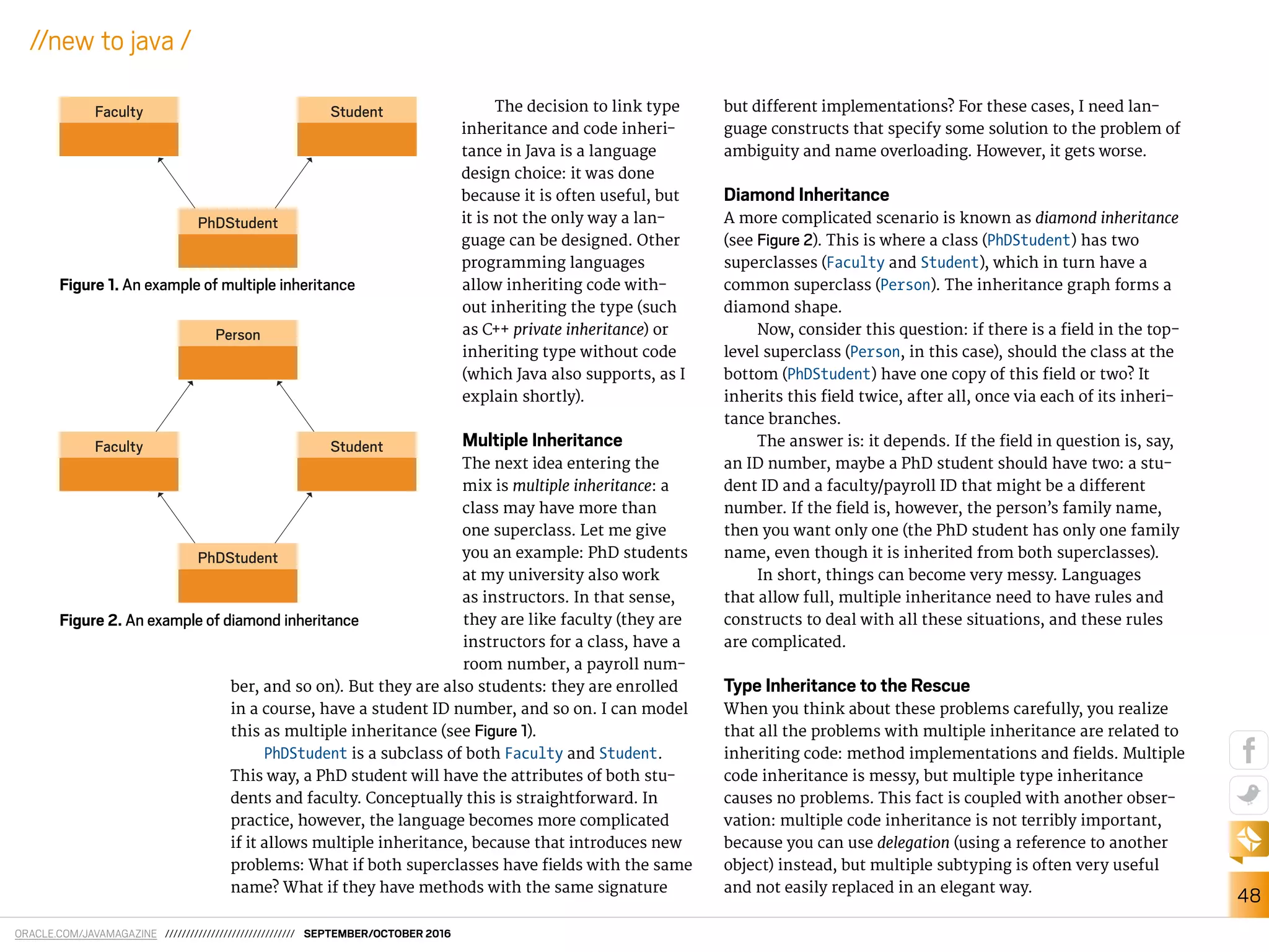 ORACLE.COM/JAVAMAGAZINE /////////////////////////////// SEPTEMBER/OCTOBER 2016
48
//new to java /
The decision to link type
inheritance and code inheri-
tance in Java is a language
design choice: it was done
because it is often useful, but
it is not the only way a lan-
guage can be designed. Other
programming languages
allow inheriting code with-
out inheriting the type (such
as C++ private inheritance) or
inheriting type without code
(which Java also supports, as I
explain shortly).
Multiple Inheritance
The next idea entering the
mix is multiple inheritance: a
class may have more than
one superclass. Let me give
you an example: PhD students
at my university also work
as instructors. In that sense,
they are like faculty (they are
instructors for a class, have a
room number, a payroll num-
ber, and so on). But they are also students: they are enrolled
in a course, have a student ID number, and so on. I can model
this as multiple inheritance (see Figure 1).
PhDStudent is a subclass of both Faculty and Student.
This way, a PhD student will have the attributes of both stu-
dents and faculty. Conceptually this is straightforward. In
practice, however, the language becomes more complicated
if it allows multiple inheritance, because that introduces new
problems: What if both superclasses have ields with the same
name? What if they have methods with the same signature
but diferent implementations? For these cases, I need lan-
guage constructs that specify some solution to the problem of
ambiguity and name overloading. However, it gets worse.
Diamond Inheritance
A more complicated scenario is known as diamond inheritance
(see Figure 2). This is where a class (PhDStudent) has two
superclasses (Faculty and Student), which in turn have a
common superclass (Person). The inheritance graph forms a
diamond shape.
Now, consider this question: if there is a ield in the top-
level superclass (Person, in this case), should the class at the
bottom (PhDStudent) have one copy of this ield or two? It
inherits this ield twice, after all, once via each of its inheri-
tance branches.
The answer is: it depends. If the ield in question is, say,
an ID number, maybe a PhD student should have two: a stu-
dent ID and a faculty/payroll ID that might be a diferent
number. If the ield is, however, the person’s family name,
then you want only one (the PhD student has only one family
name, even though it is inherited from both superclasses).
In short, things can become very messy. Languages
that allow full, multiple inheritance need to have rules and
constructs to deal with all these situations, and these rules
are complicated.
Type Inheritance to the Rescue
When you think about these problems carefully, you realize
that all the problems with multiple inheritance are related to
inheriting code: method implementations and ields. Multiple
code inheritance is messy, but multiple type inheritance
causes no problems. This fact is coupled with another obser-
vation: multiple code inheritance is not terribly important,
because you can use delegation (using a reference to another
object) instead, but multiple subtyping is often very useful
and not easily replaced in an elegant way.
Figure 1. An example of multiple inheritance
Faculty Student
PhDStudent
Figure 2. An example of diamond inheritance
Faculty Student
PhDStudent
Person
 