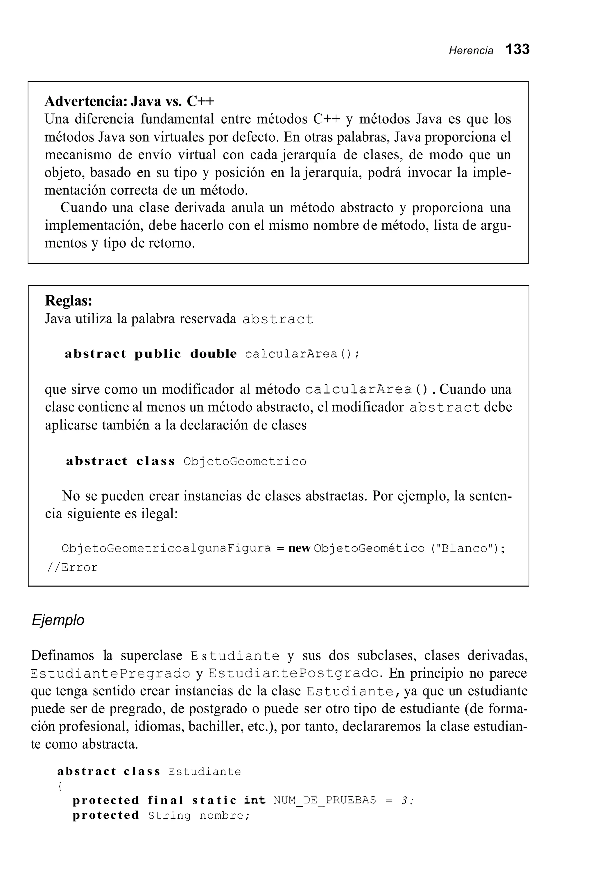 Herencia 133
Advertencia: Java vs. C++
Una diferencia fundamental entre métodos C++ y métodos Java es que los
métodos Java son virtuales por defecto. En otras palabras, Java proporciona el
mecanismo de envío virtual con cada jerarquía de clases, de modo que un
objeto, basado en su tipo y posición en la jerarquía, podrá invocar la imple-
mentación correcta de un método.
Cuando una clase derivada anula un método abstracto y proporciona una
implementación, debe hacerlo con el mismo nombre de método, lista de argu-
mentos y tipo de retorno.
Reglas:
Java utiliza la palabra reservada abstract
abstract public double calcularArea0;
que sirve como un modificador al método calcularArea ( ) . Cuando una
clase contiene al menos un método abstracto, el modificador abstract debe
aplicarse también a la declaración de clases
abstract class ObjetoGeometrico
No se pueden crear instancias de clases abstractas. Por ejemplo, la senten-
cia siguiente es ilegal:
ObjetoGeometricoalgunaFigura = new ObjetoGeometico("Blanco");
//Error
Ejemplo
Definamos la superclase E s tudiante y sus dos subclases, clases derivadas,
EstudiantePregrado y Estudiantepostgrado.En principio no parece
que tenga sentido crear instancias de la clase Estudiante,ya que un estudiante
puede ser de pregrado, de postgrado o puede ser otro tipo de estudiante (de forma-
ción profesional, idiomas, bachiller, etc.), por tanto, declararemos la clase estudian-
te como abstracta.
abstract c l a s s Estudiante
i
protected f i n a l s t a t i c i n t NUM-DE-PRUEBAS = 3 ;
protected String nombre;
 