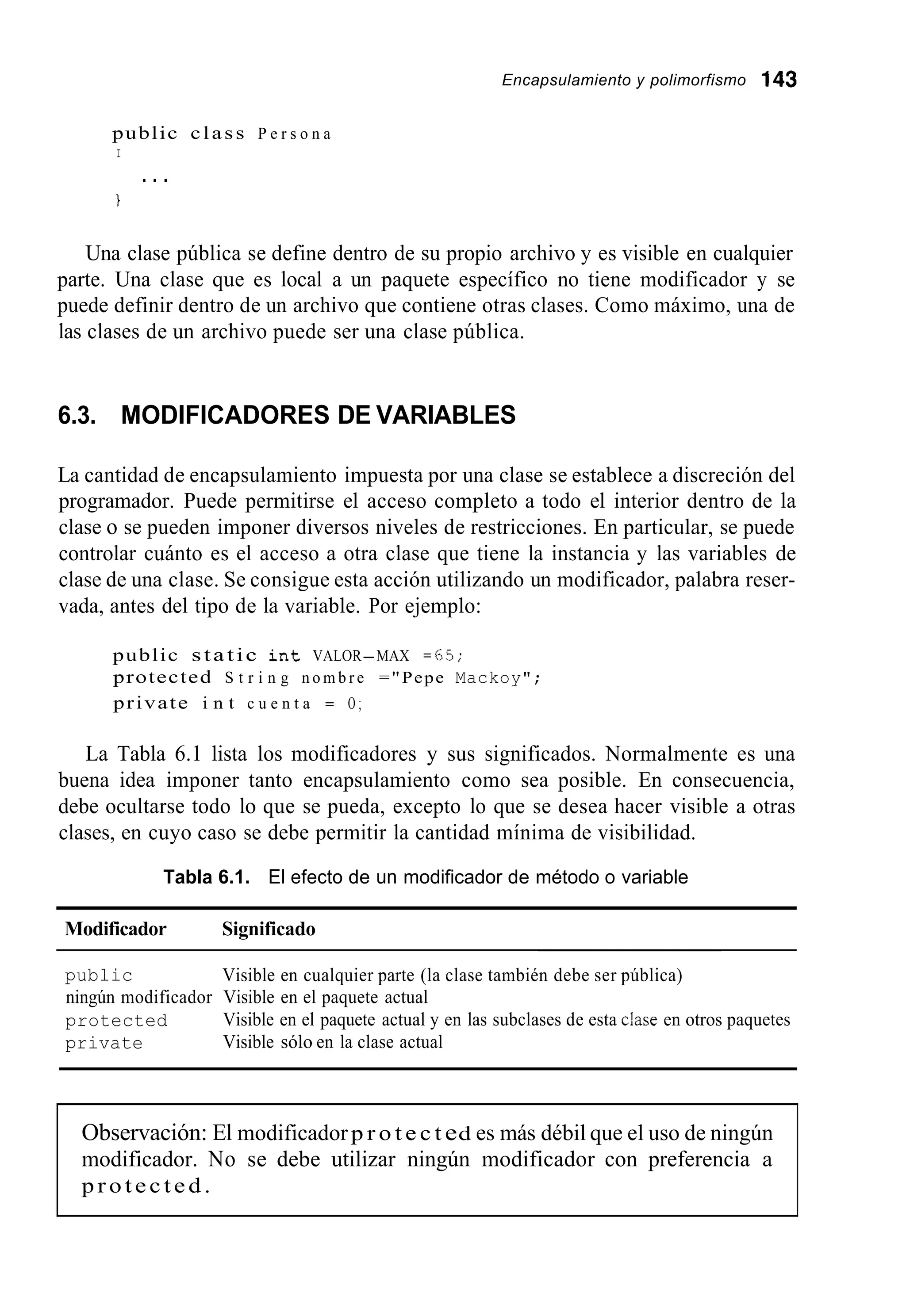 Encapsulamiento y polimorfismo 143
public class P e r s o n a
I
...
i
Una clase pública se define dentro de su propio archivo y es visible en cualquier
parte. Una clase que es local a un paquete específico no tiene modificador y se
puede definir dentro de un archivo que contiene otras clases. Como máximo, una de
las clases de un archivo puede ser una clase pública.
6.3. MODIFICADORES DE VARIABLES
La cantidad de encapsulamiento impuesta por una clase se establece a discreción del
programador. Puede permitirse el acceso completo a todo el interior dentro de la
clase o se pueden imponer diversos niveles de restricciones. En particular, se puede
controlar cuánto es el acceso a otra clase que tiene la instancia y las variables de
clase de una clase. Se consigue esta acción utilizando un modificador, palabra reser-
vada, antes del tipo de la variable. Por ejemplo:
public static i n t VALOR-MAX =65;
protected S t r i n g n o m b r e ="Pepe Mackoy";
private i n t c u e n t a = O ;
La Tabla 6.1 lista los modificadores y sus significados. Normalmente es una
buena idea imponer tanto encapsulamiento como sea posible. En consecuencia,
debe ocultarse todo lo que se pueda, excepto lo que se desea hacer visible a otras
clases, en cuyo caso se debe permitir la cantidad mínima de visibilidad.
Tabla 6.1. El efecto de un modificador de método o variable
Modificador Significado
public
ningún modificador Visible en el paquete actual
protected
private
Visible en cualquier parte (la clase también debe ser pública)
Visible en el paquete actual y en las subclases de esta c!ase en otros paquetes
Visible sólo en la clase actual
Observación: El modificadorp r o t e c t ed es más débil que el uso de ningún
modificador. No se debe utilizar ningún modificador con preferencia a
protected.
 